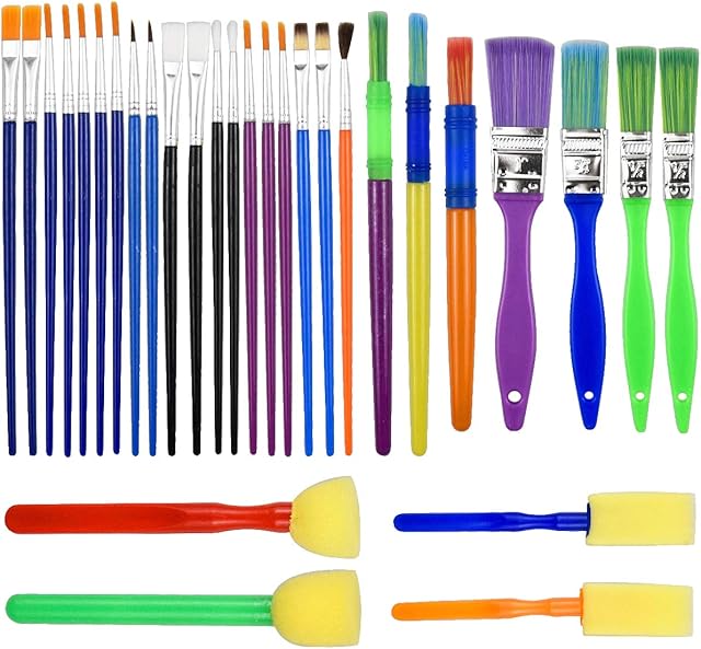 NATUCE 30PCS Colorful Artist Paint Brush Set, Childrens Kids Paint Brushes Starter Set for Watercolor, Oil, Acrylic, Paints, Paintbrush, Sponge Paint Brushes Drawing Tools, Kids Painting Tools Crafts