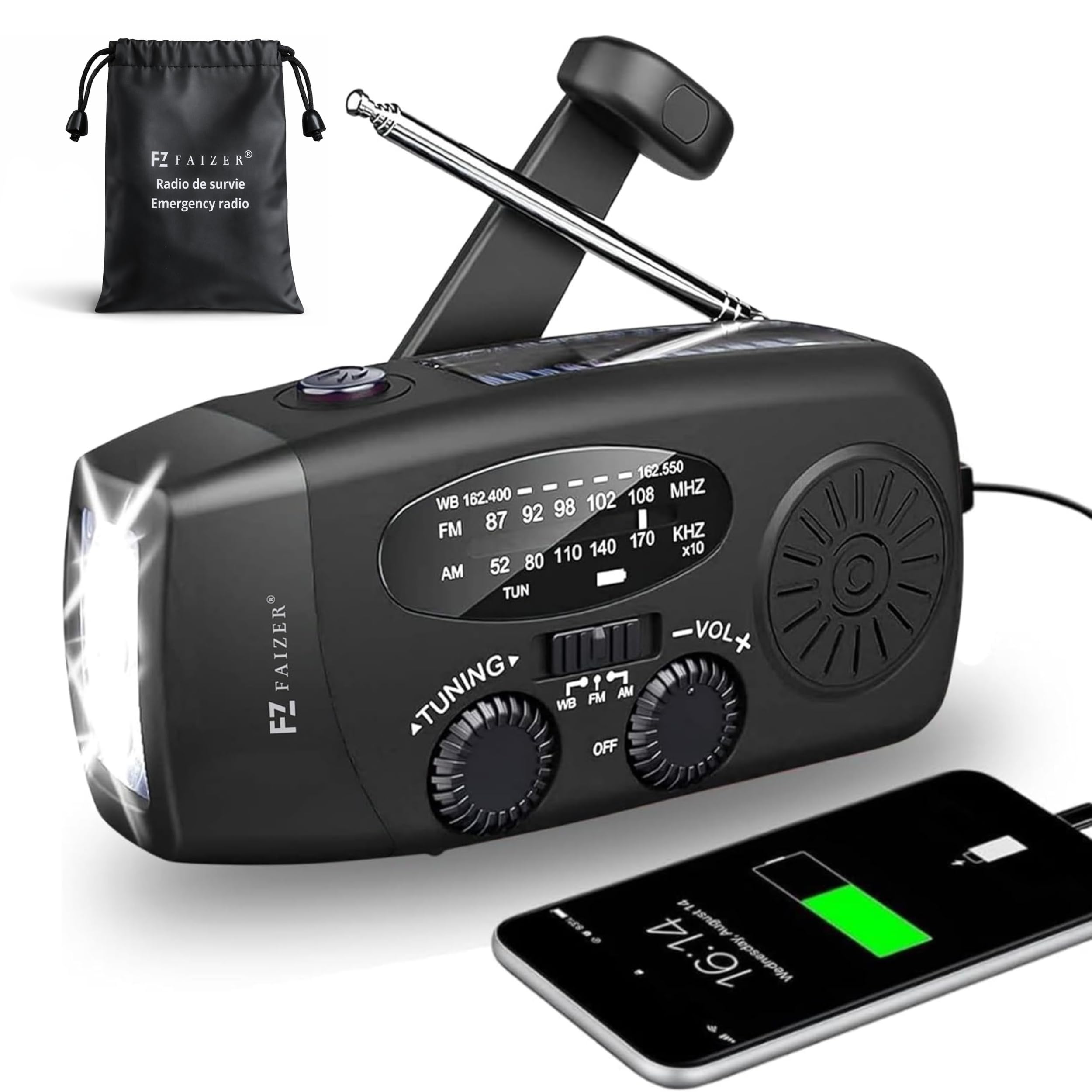 Faizer® Noodradio Power Bank Draagbare Vintage, Noodpakket, Crank Radio - Retro Ontwerp met AM/FM, USB Opladen, 2000mAh Power Bank, SOS Alarm & LED