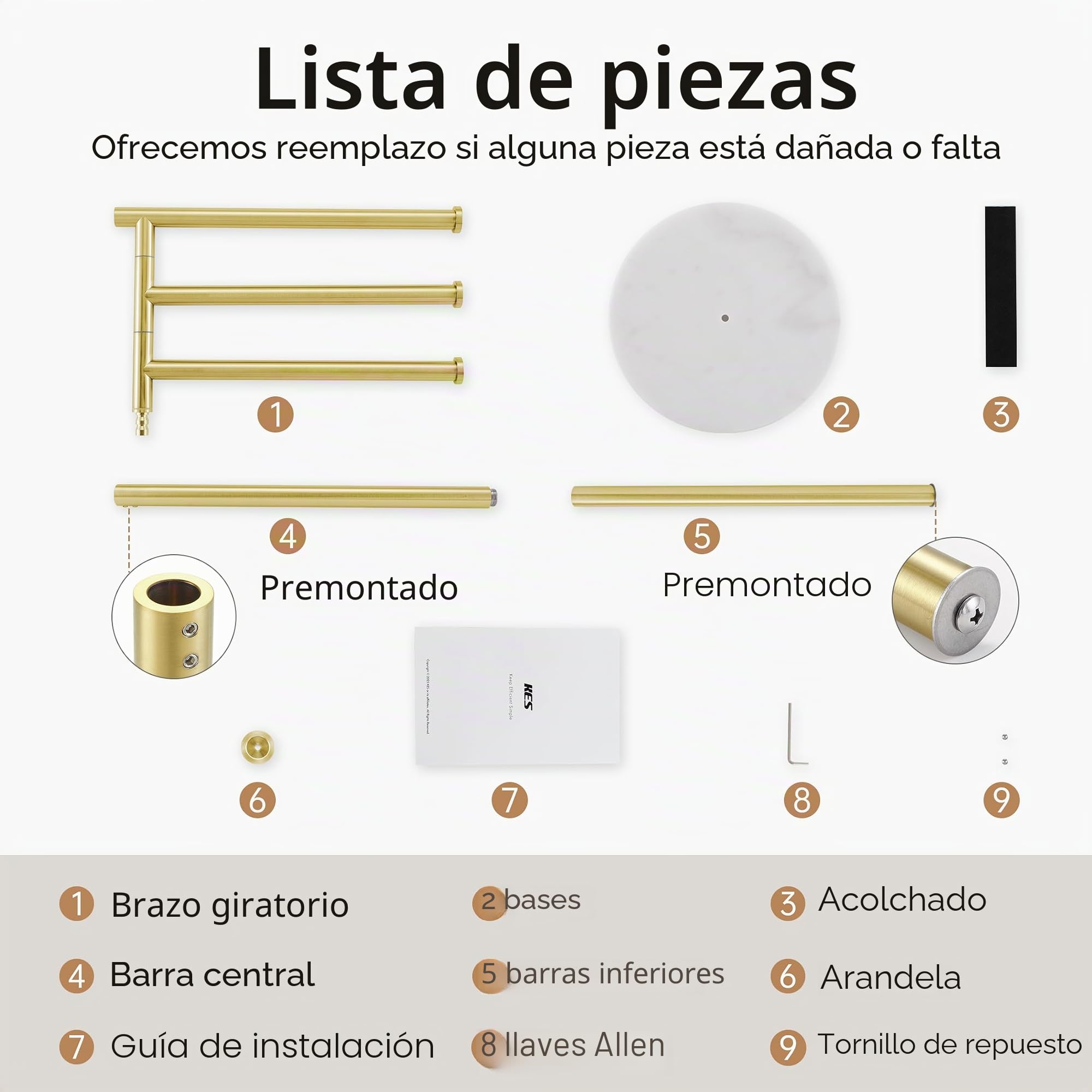 KES Toallero de Oro Cepillado Toallero de Pie Toallero Barra de Acero Inoxidable Baño Toallero de Baño Acero Inoxidable 18/8 Toallero Base de Mármol, BTH219-BZ | Base de piedra natural de 10 libras, 3 brazos giratorios, acero inoxidable SUS304, antidesliz