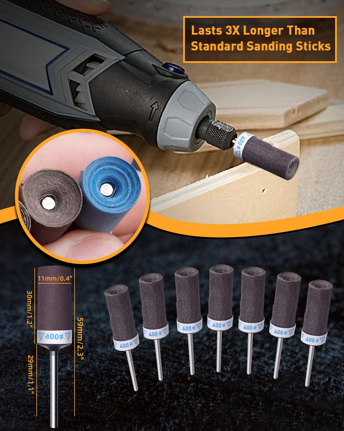 FOTYBEI 10Pcs 400 Grit Sanding Drums Sandpaper Sticks Set for Dremel Rotary Tool Accessories with 1/8" Shank - Image 2