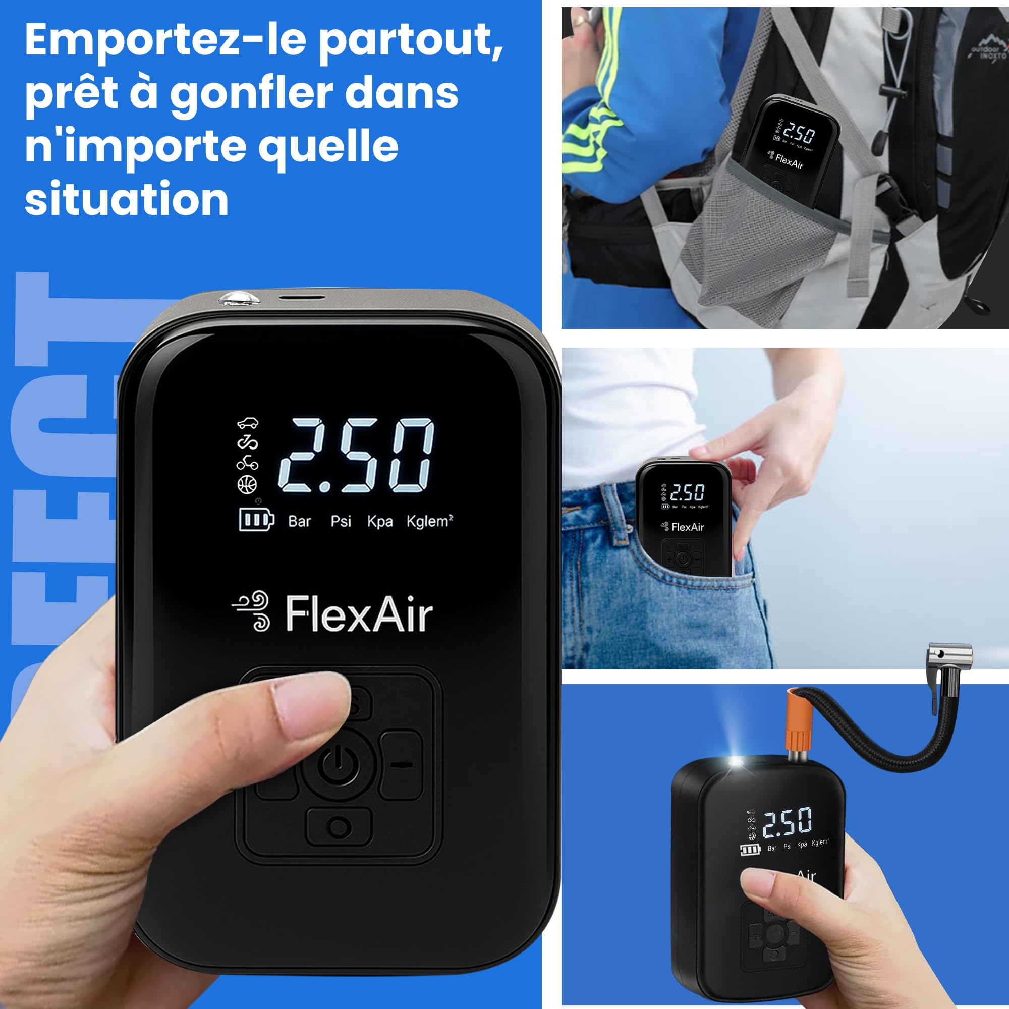 FLEXAIR – Gonfleur Pneus Voiture & Pompe Vélo Électrique Rechargeable | Compresseur à Air Portatif sans Fil | Mini Souffleur Puissant pour Ballon, Moto, VTT & Accessoires de Gonflage