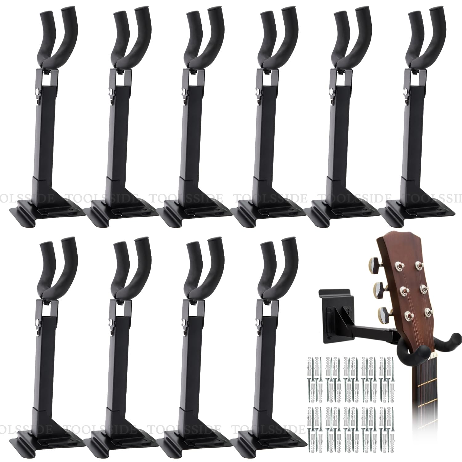 TOOLSSIDE 10 Pack Guitar Wall Mount - Guitar Wall Hangers with Slat Adapter - Guitar Hanger Wall Mount 180 degrees for Acoustic Electric Bass Classical Ukulele Guitars, Black