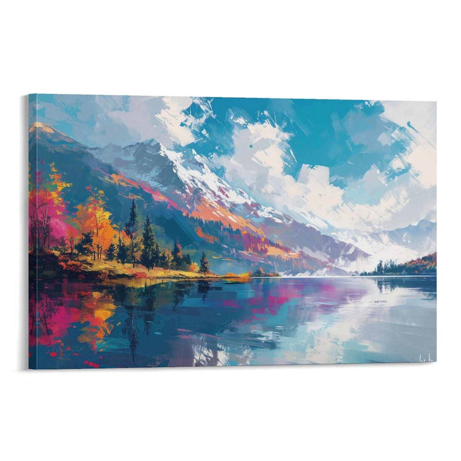 Amazon.co.jp: 絵画 春の山と川の油絵インテリア 絵画 油絵イラスト 