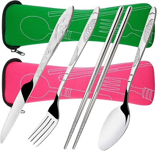 SENHAI - Juego de cubiertos de 8 piezas, cuchillo, tenedor, cuchara, palillos, paquete de 2 vajilla de acero inoxidable a prueba de óxido con