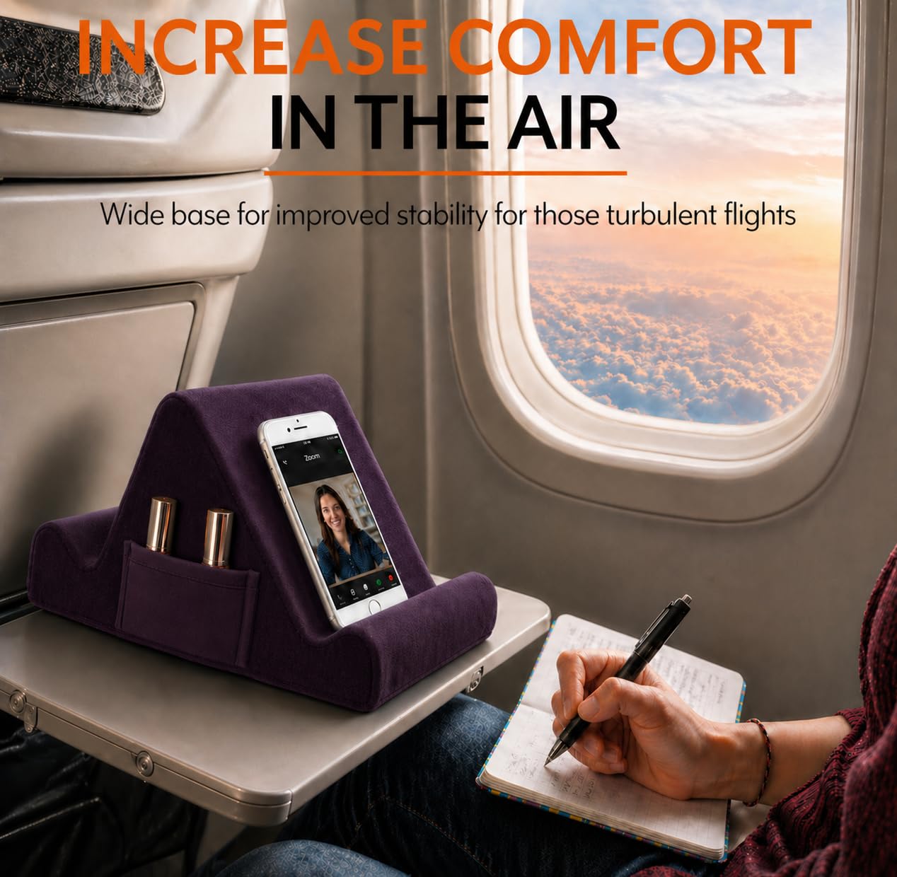Brookstone, Supporto da scrivania in memory foam per tablet, può contenere telefoni, iPad, lettori di e-book, 2 angoli di visione, 2 tasche laterali per accessori, cuscino porta libri, perfetto per