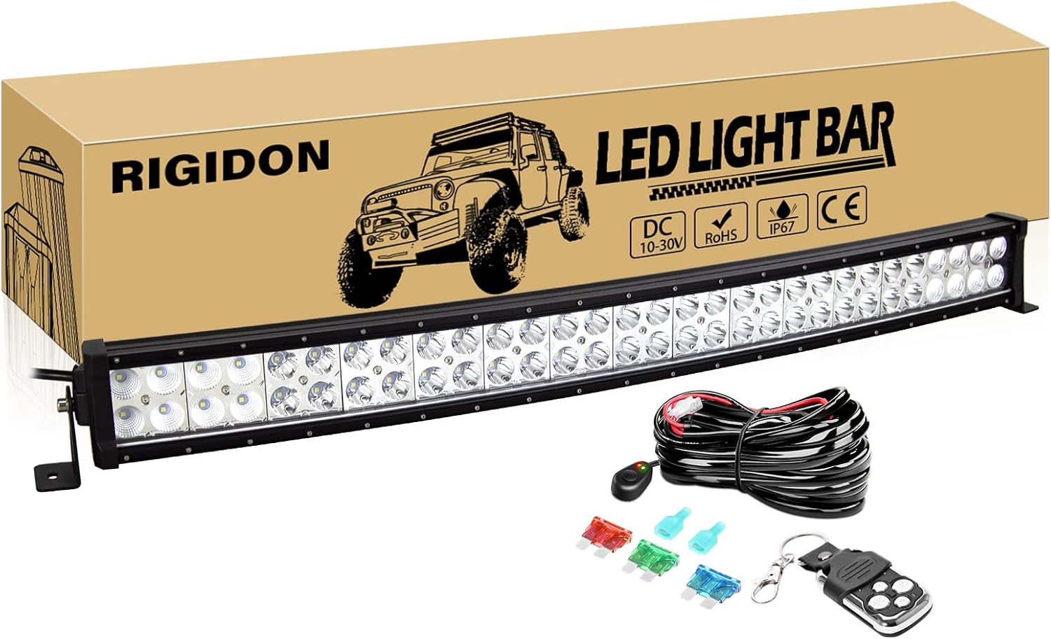 RIGIDON 32 Inch 180W Curved LED Light Bar with Wire Harness Strobe Switch Remote Control, Double Row Flood Spot Combo 18000LM Driving Boat Off-road LED Work Light for Truck SUV ATV UTV Roof Bumper