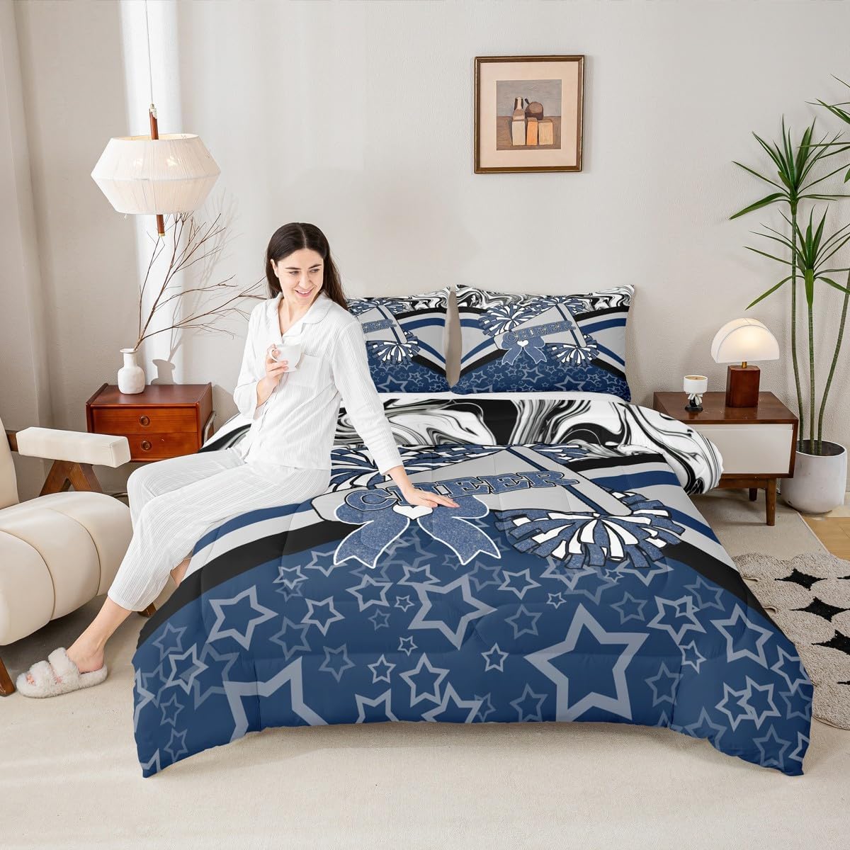 Castle Fairy Cheerleading Comforter Set Twin Size,Blue Glitter for Girls Blue Bow Bedding Sets,Dance Cheer Cheerleader Quilted Duvet for Kids Teens Girls,Gymnastics Lovers Duvet Insert,1 Pillowcase