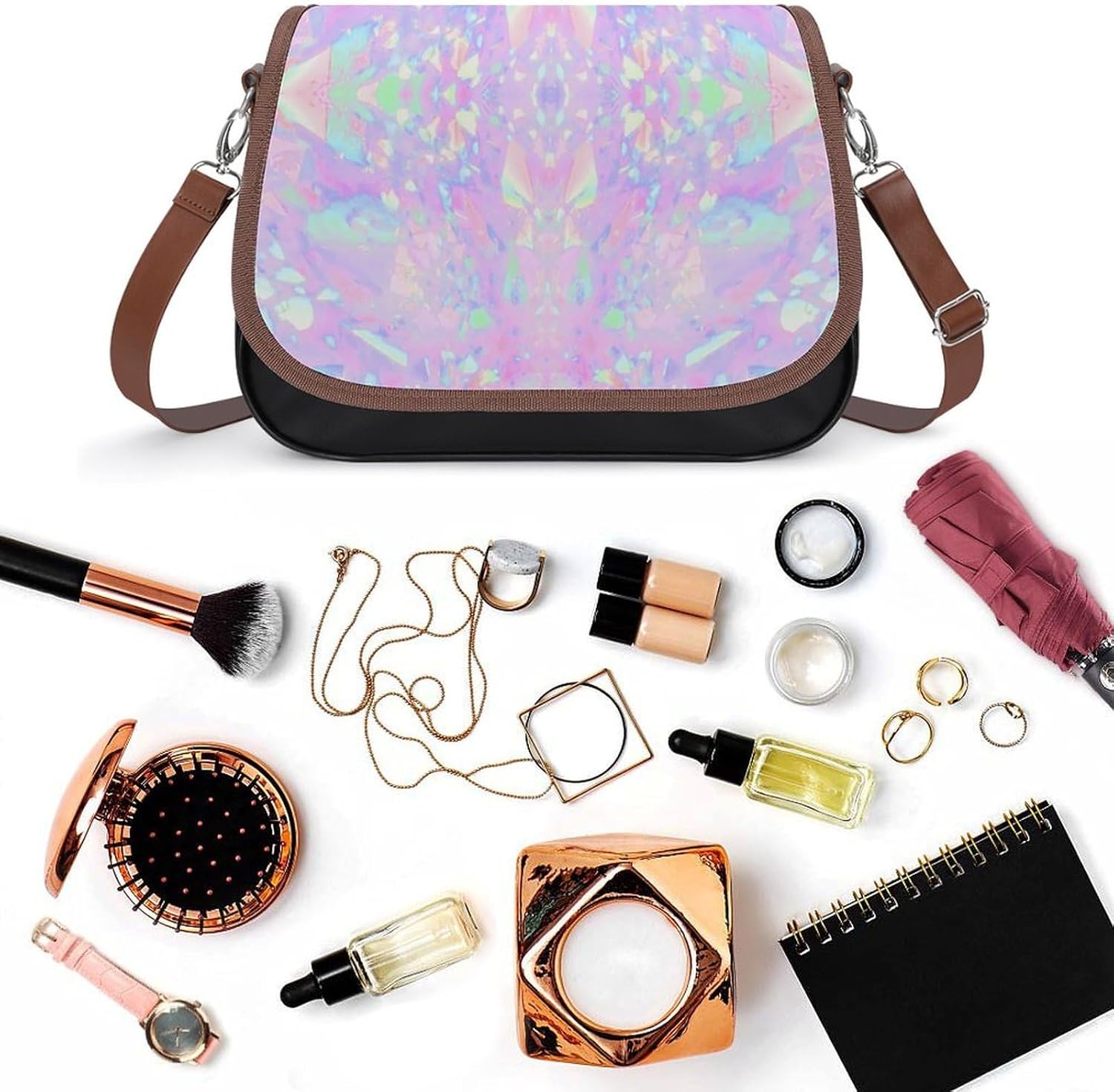 Iridescent Rainbow Opal Dripping Glitter-1Women's Faux Leather Crossbody Bag, Waterproof Wrinkle-Resistant Shoulder Bag with Detachable Strap, Large Capacity Casual Handbag, Fashion Daily Purse for Sh
