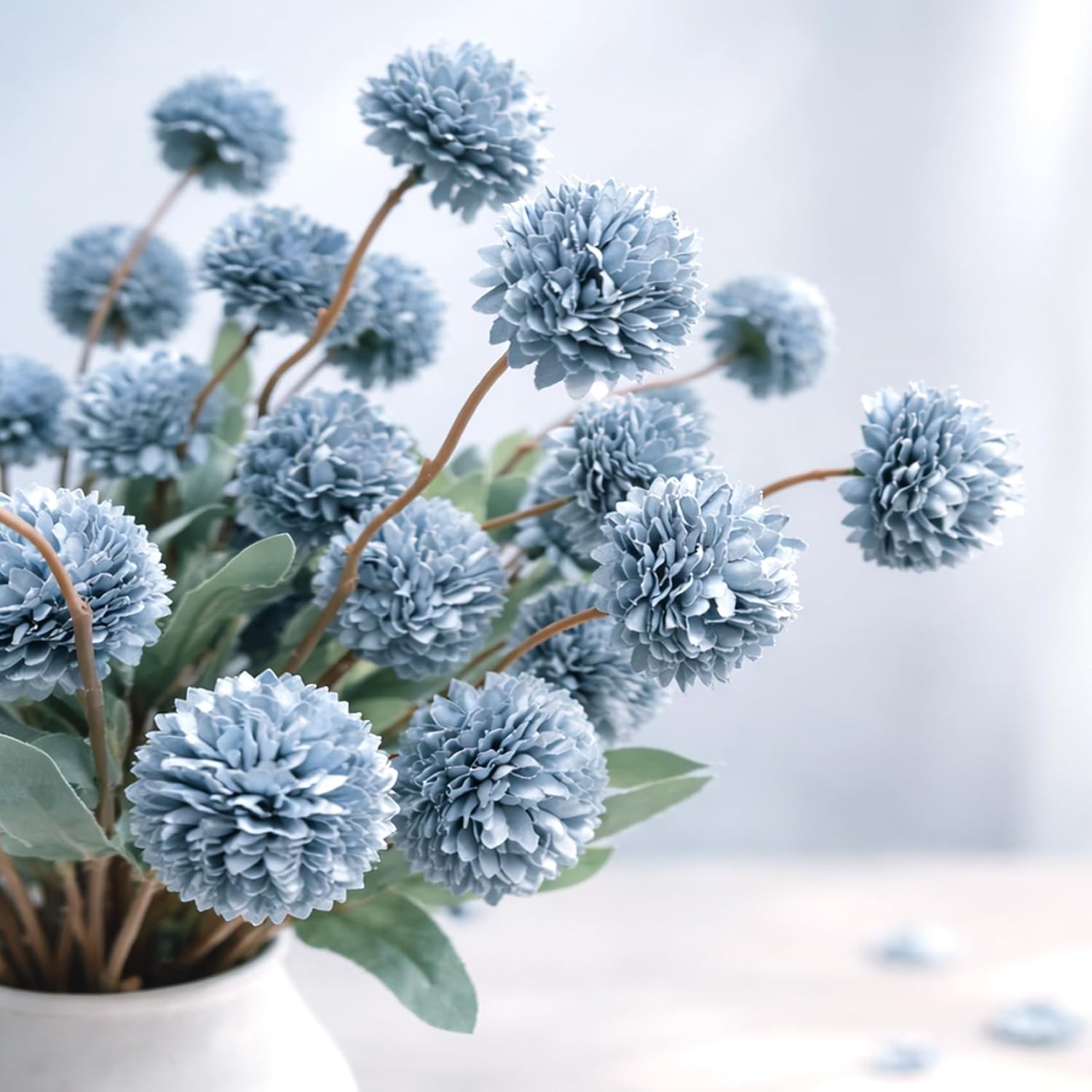 Blue Fake Kiku Flowers with Metal Vase, Blue Faux Silk Pompon Mums Artificial Flowers, Floral Arrangement Dried Flowers Vintage Decorative Indoor Home Decor