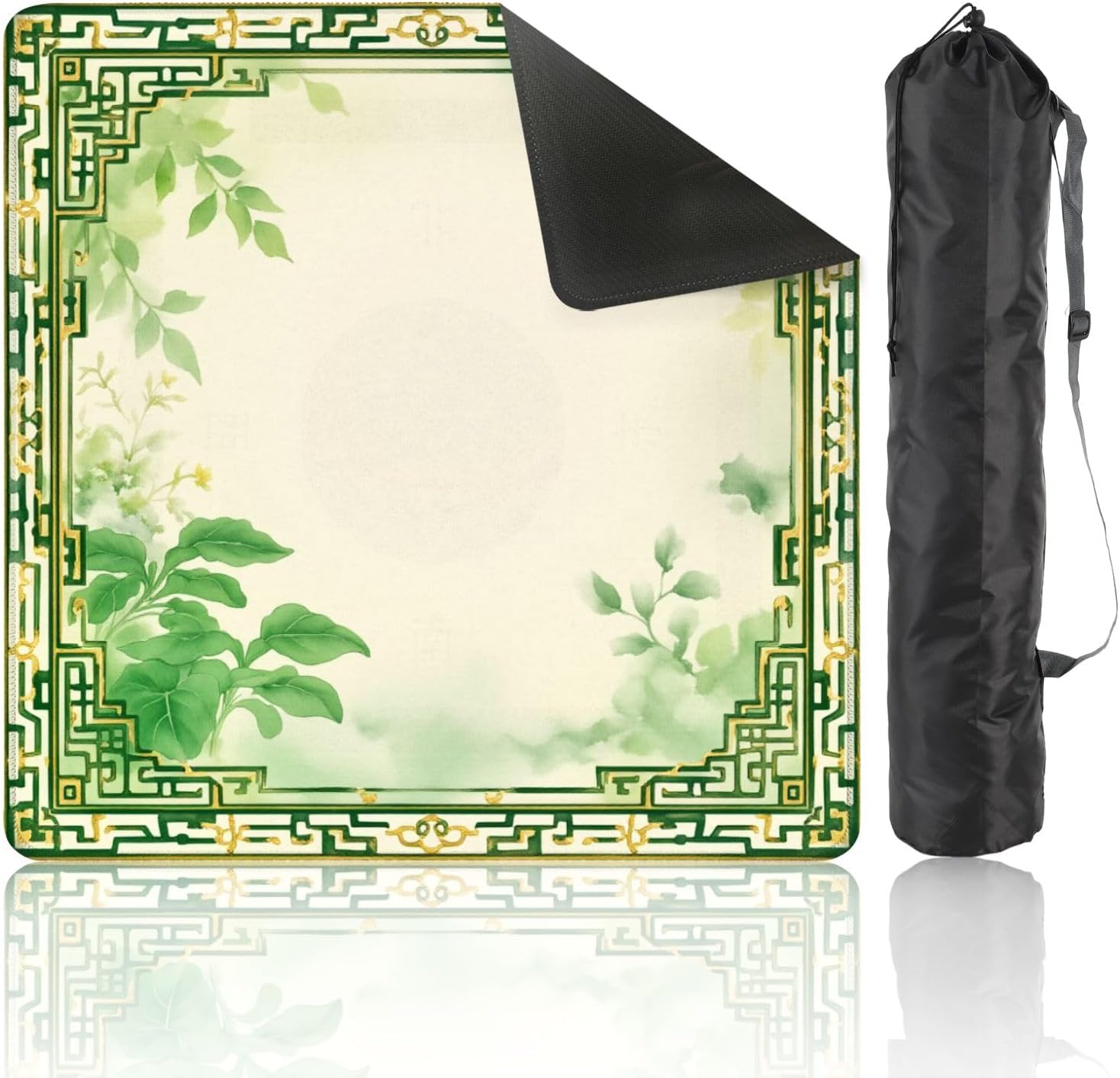 Mahjong Mat with Carrying Bag 31.5" x 31.5" Non-Slip Noise Reduction Green Botanical Frame Leaves Watercolor Table Mat for Mahjong Poker Dominoes Card Board Tile Games