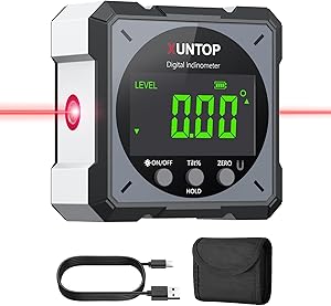 XUNTOP Digitaler Winkelmesser Neigungsmesser Laser Wasserwaage mit LCD Display, Type-C Schnittstelle IP54 Wasserdicht Magnetisch Nivellierbox Level Box für Holzarbeiten, Bau, Dekoration, DIY – Grau