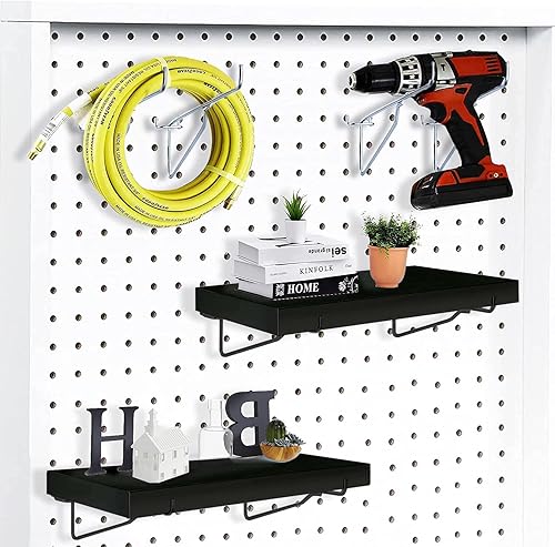 Miniatura 8 de Estante de tablero de clavijas negro, paquete de 4 estantes de madera con soportes de estante de metal para tablero de clavijas, estante de libro de