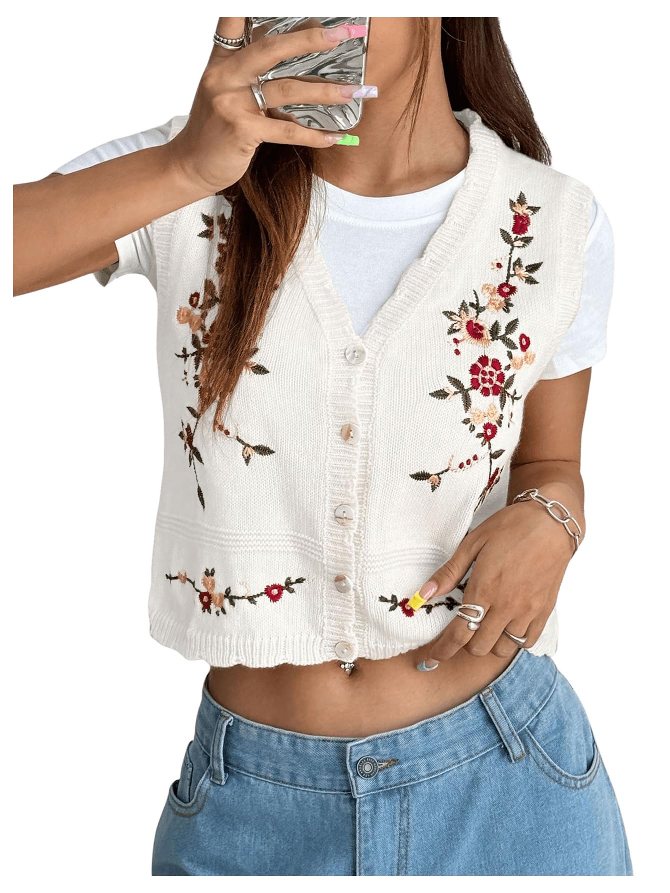 gorglitter Women's Flower Embroideried Boho Sweater Vest Sleeveless Fall Vintage Crochet Cardigan Khaki Small, Multicolor White, Medium-picture-46