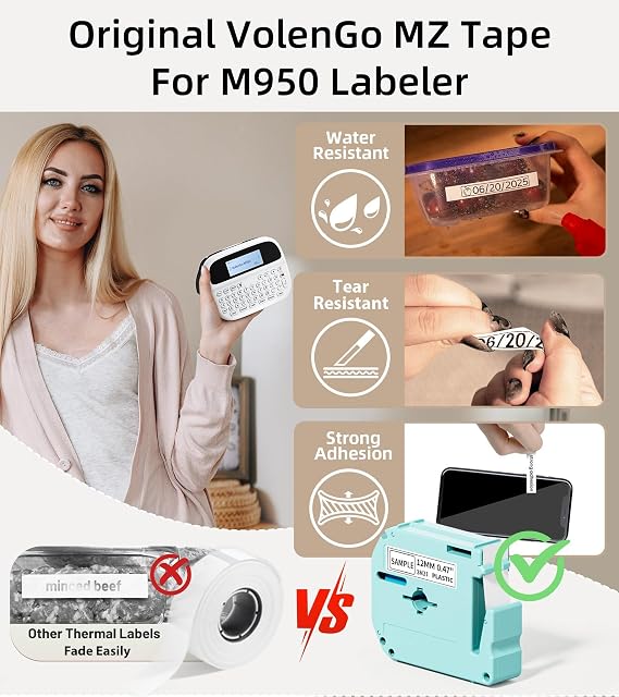 Label Maker Machine with-Tape, Rechargeable Label Maker Waterproof-Labels | Backlit Bluetooth Labeler, VolenGo M950 12mm Portable Label Printer, Home Office School Use, Removable Freezer-Labels for Jar
