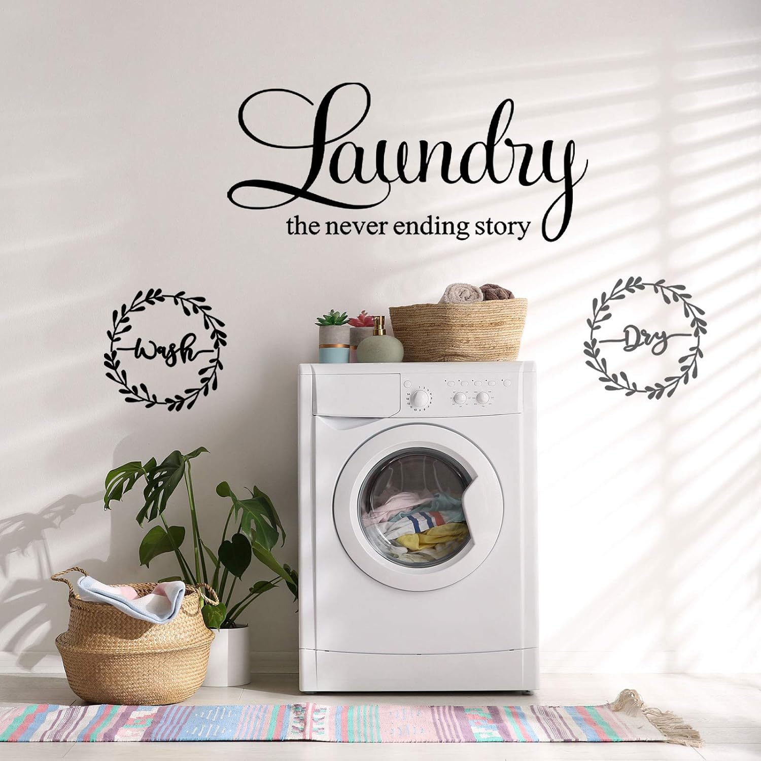 Zonon 3 Pieces Laundry Room Vinyl Wall Decal - Wash Dry Laundry Stickers - the Never Ending Story Wall Decor - Washing Machine Quote Art Stickers for Home Apartment(Black Printing)