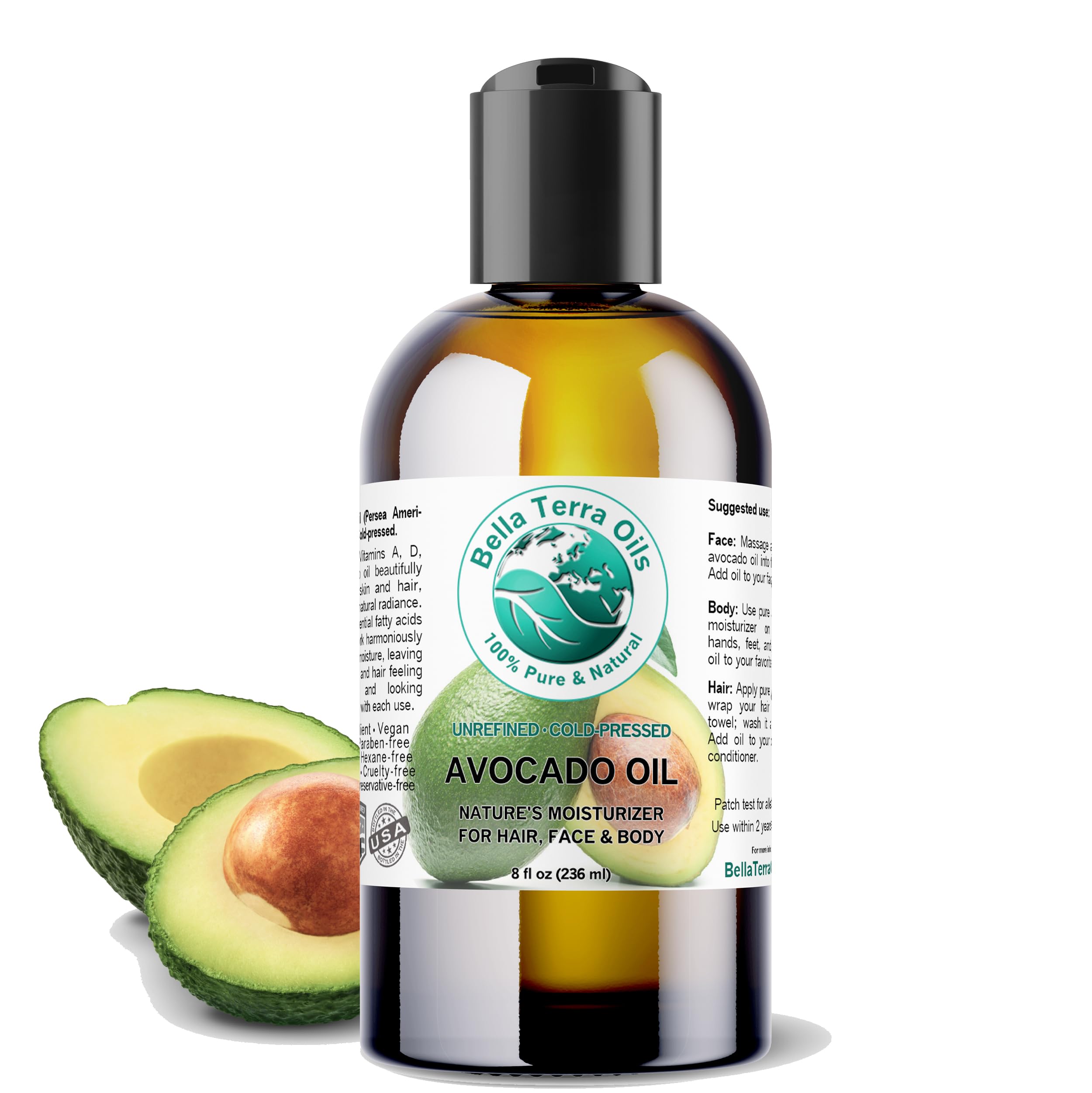 Bella Terra Oils - Avocado Oil 8 oz - Cold-Pressed Excellence, Brimming with Oleic Acid & B-Vitamins, Ideal Complement for Skin Care Regimens