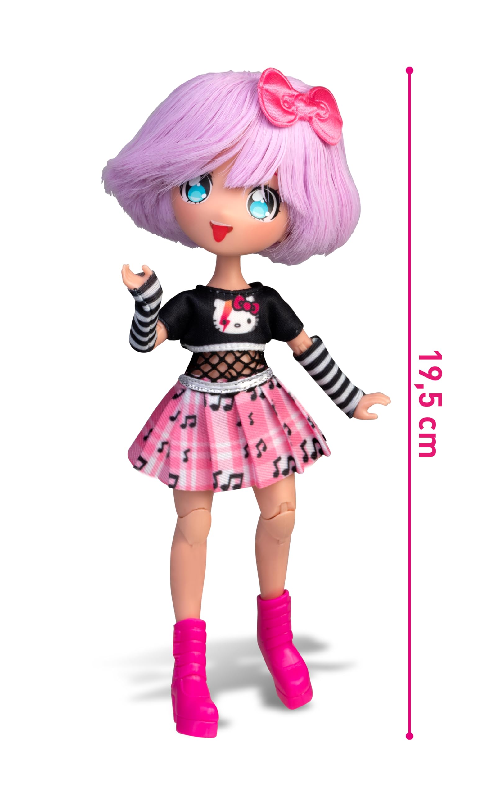 Hello Kitty Manga Doll Teddy Rock, Japanese Fashion Doll with Fashion Looks Manga, 19.5cm Figure with 15 Points of Articulation, Purple Hair, Accessories Included, Famous (HKTF0100) - Image 2