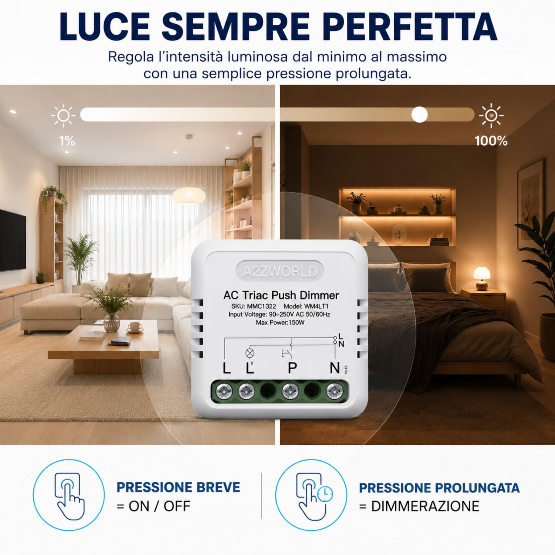 4 sztuki ściemniacza Push AC Triac, cięcie fazowe 220 V z przyciskiem, regulowany 10-100%, synchronizacja, pamięć, podtynkowy i szynę DIN, do ściemniania LED maks. 150 W, 40 x 40 x 18 mm, wycinanie