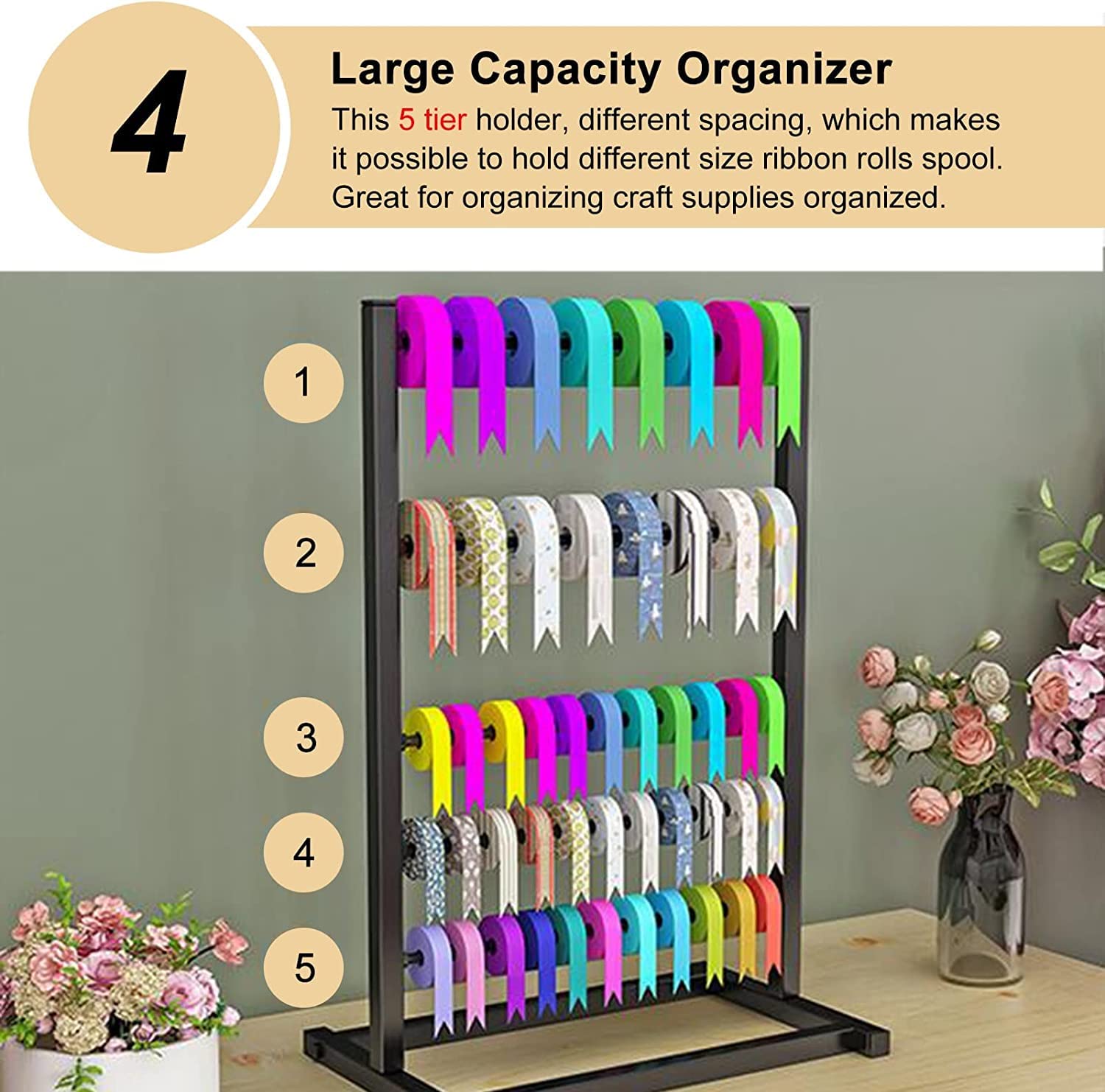 Organizador de almacenamiento de metal – 5 niveles comerciales de cintas para sala de manualidades, tienda de flores, sala de costura, soporte extraíble para barra