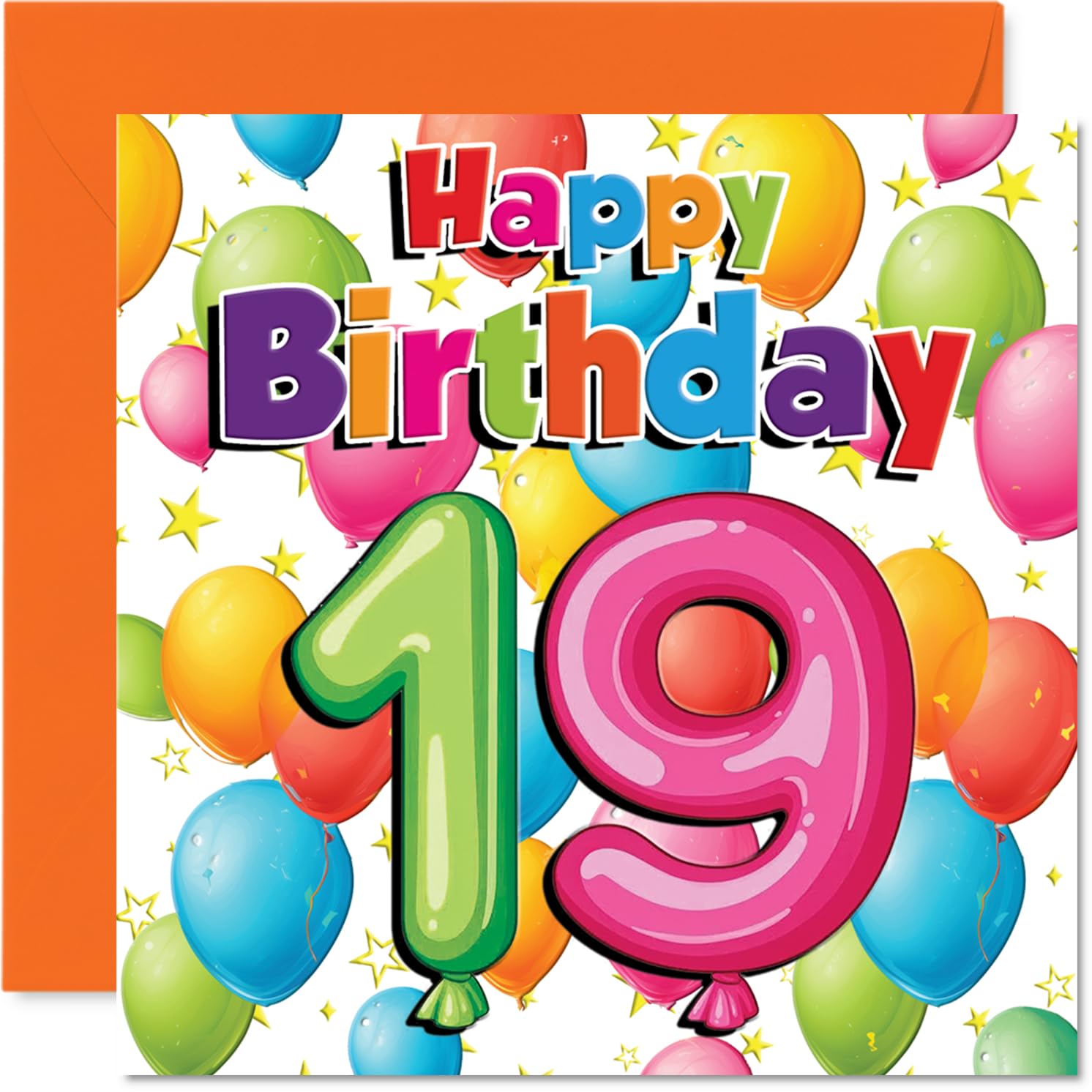 Playful 19th Birthday Card - Bursting with Birthday Cheer - Colourful Balloons and Stars Design - Adds a Festive Pop to Their 19th Celebration - 145mm Square, Envelope Included