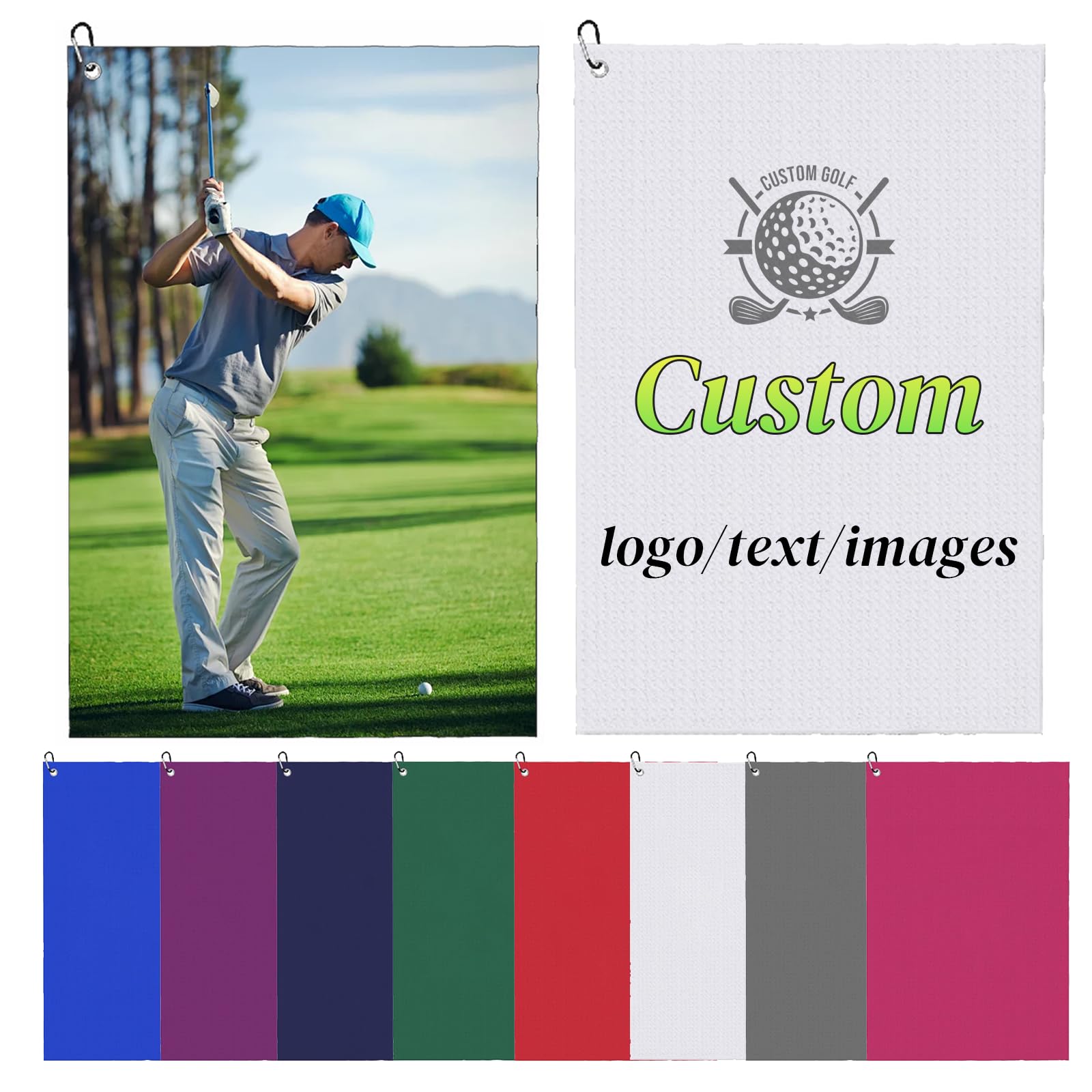 NGBEWU Personalised Golf Towel with Photos, Text, Names and Logos, 16.1 x 24 Inch (41 x 61cm), Personalised Golf Gift for Men, Women and Golf Sports Enthusiasts
