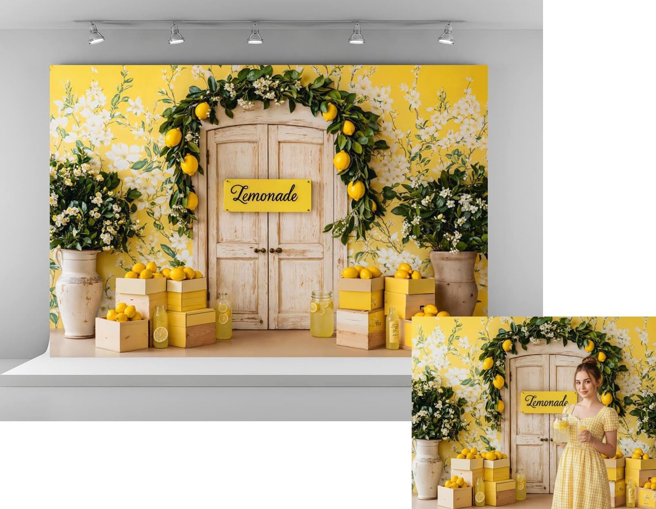 Kate 7x5ft Fresh Lemon Shop Backdrops for Photography Retro Wood Door Lemonade Party Background Baby Gilrs Portrait Photo Studio Backdrop