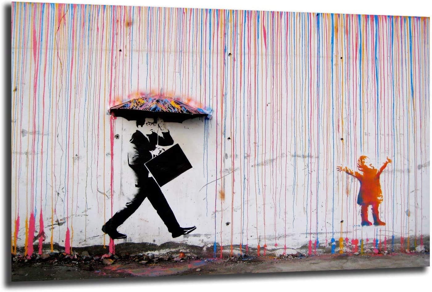 BPAColorful Rain Street Art Banksy Graffiti Paintings Picture Canvas Wall Art Abstract Wall Decor for Home Office Framed Ready to Hang