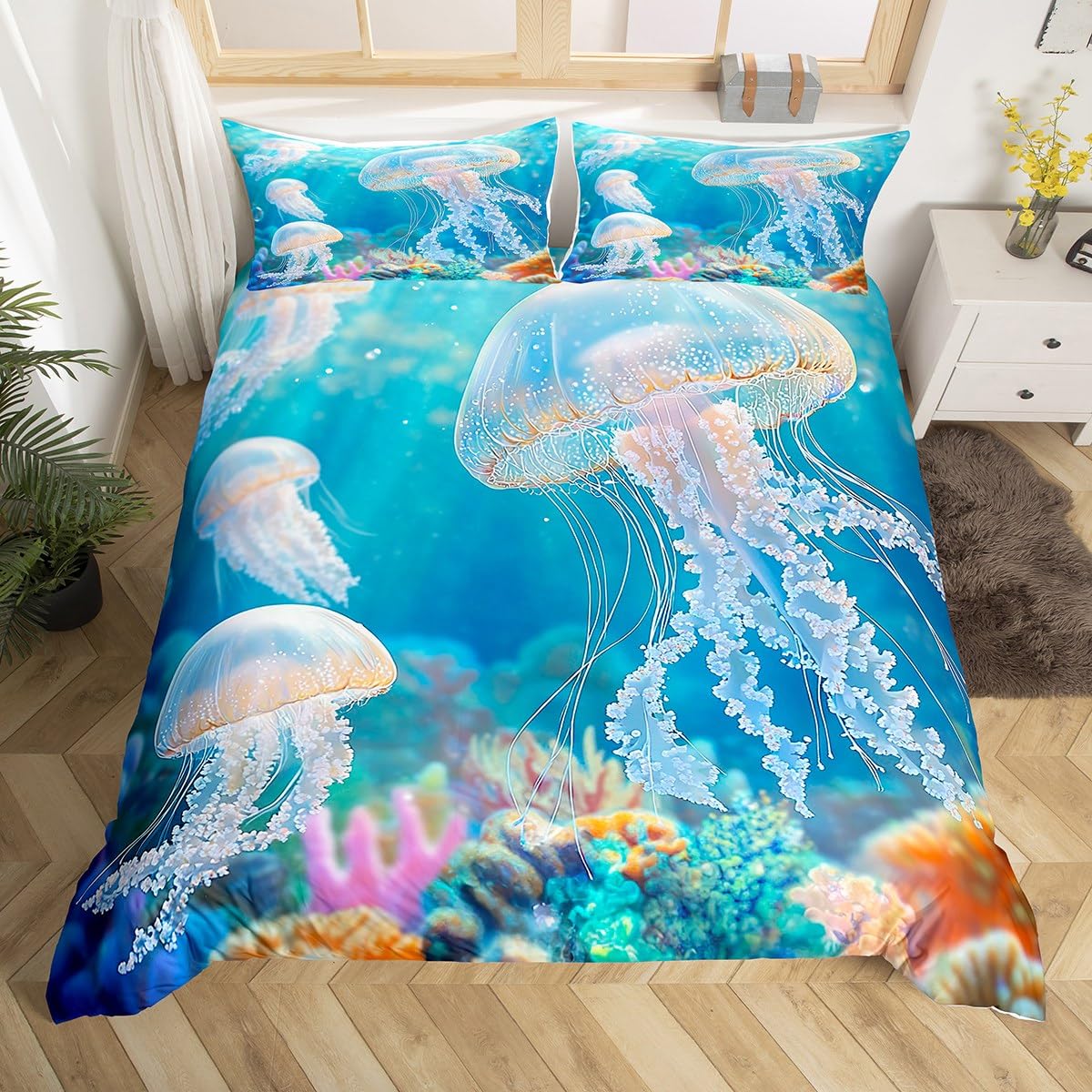 Parure de lit ultra douce Loussiesd sur le thème de la vie marine anti-poussière lit double