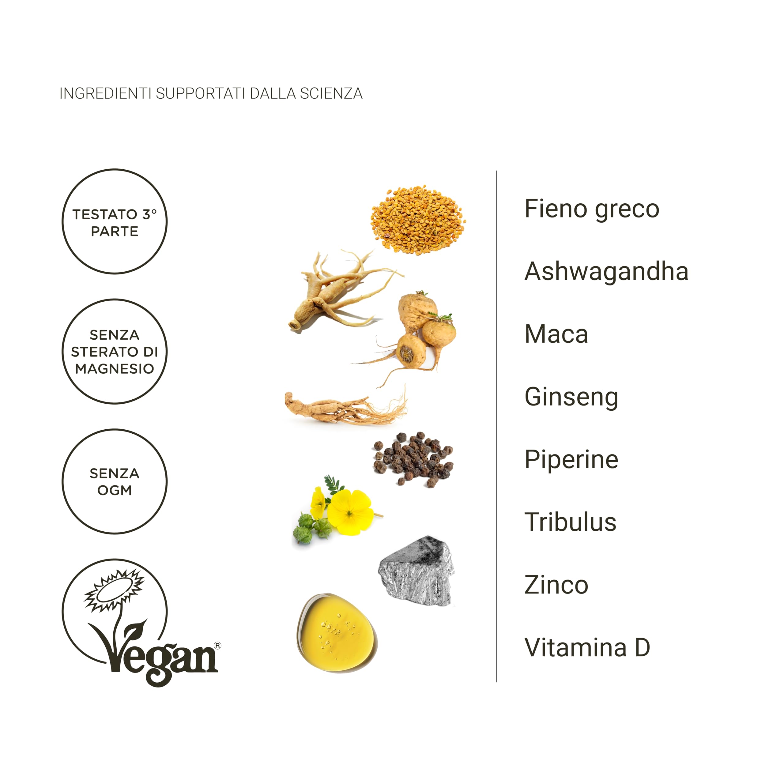 Nullure Testo-One® | Senza Stearato di Magnesio | Testato da laboratori indipendenti | Maca +Tribulus Terrestris + Ashwagandha + Ginseng + Fenogreco + Zinco|120 capsule (2 mesi)
