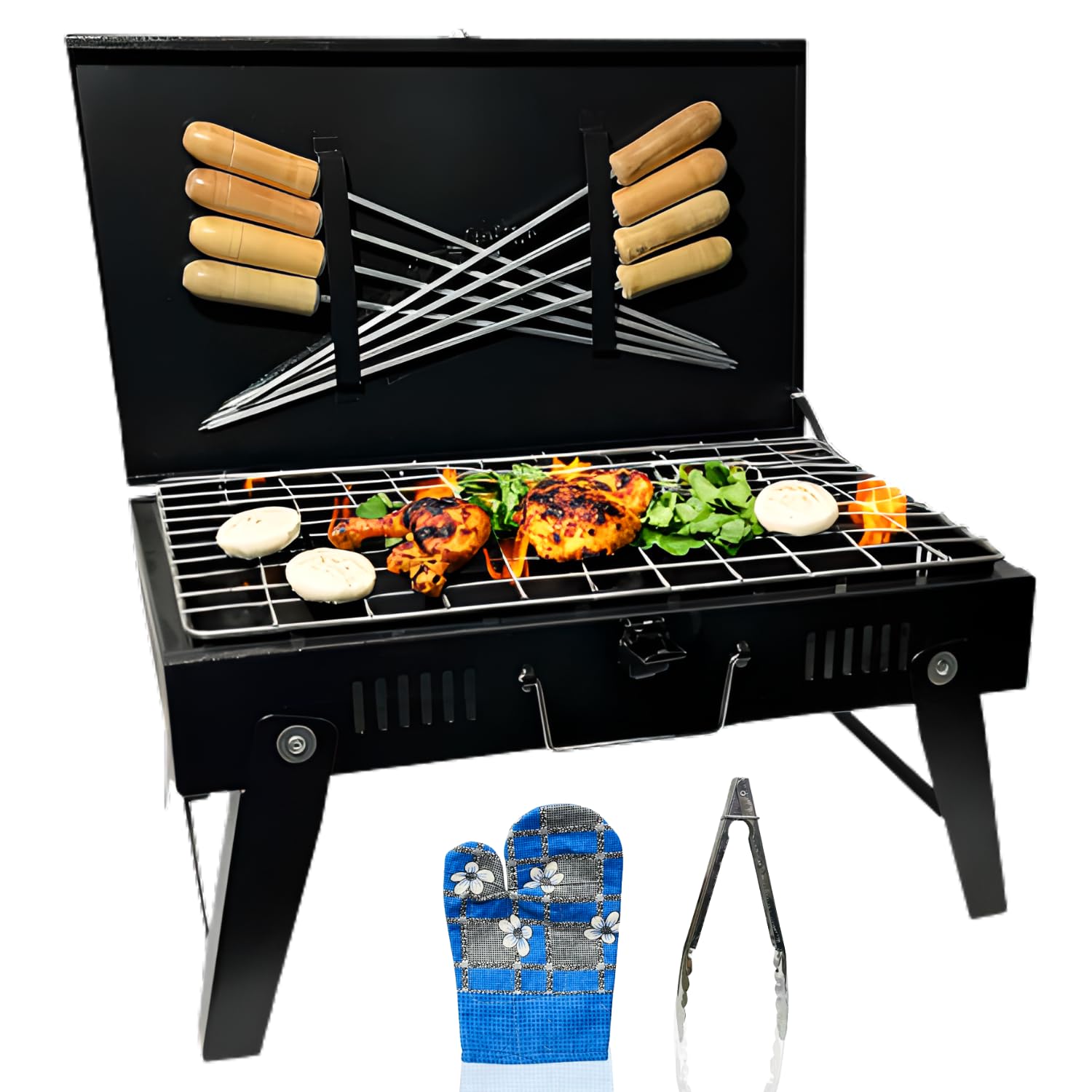 NE GRILLS Premium Barbecue Grill with 8 Skewers, SS Grill FREE TONG AND GLOVE - charcoal grill, barbecue grill, outdoor grill, barbecue grill for home, tandoori grill for home, (Made in INDIA) (B099NJHGYV) Amazon Price History, Amazon Price Tracker
