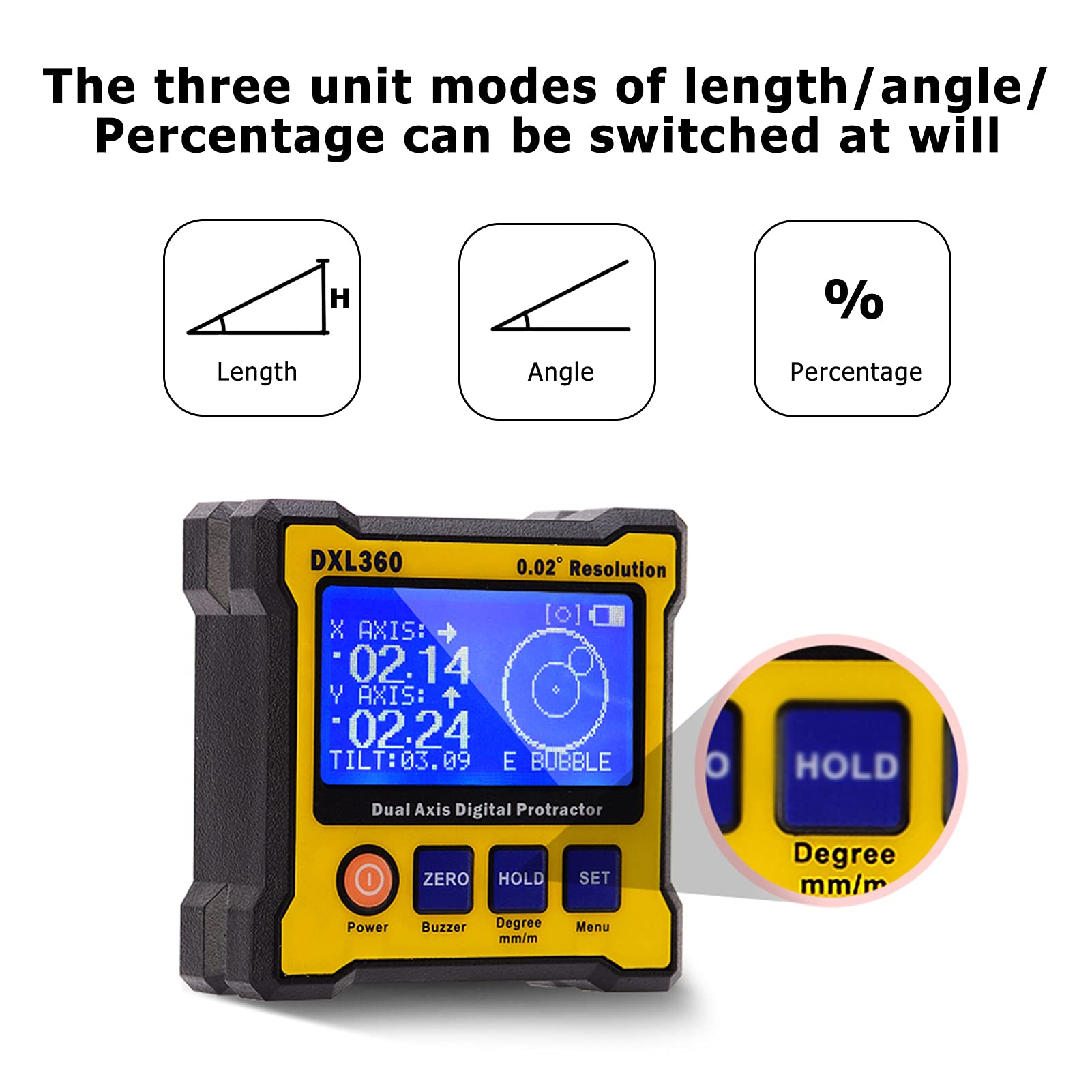 DXL360 Level Box DXL360 Boîte de mesure de niveau à double axe, rapporteur numérique, inclinomètre, règle d'angle, élévation, 0,02 ° Outil de mesure précis haute résolution avec écran LCD