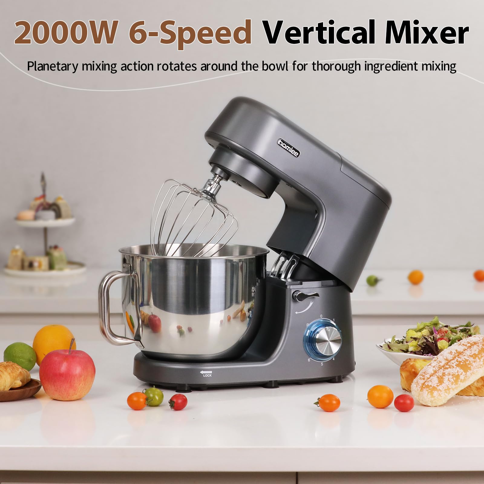 Homlee Impastatrice Planetaria,2000W Planetaria Professionale 7.2L Ciotola in Acciaio Inox da,6 Velocità,con Gancio impastare, Protezione da Spruzzi,Frusta(Grigio)