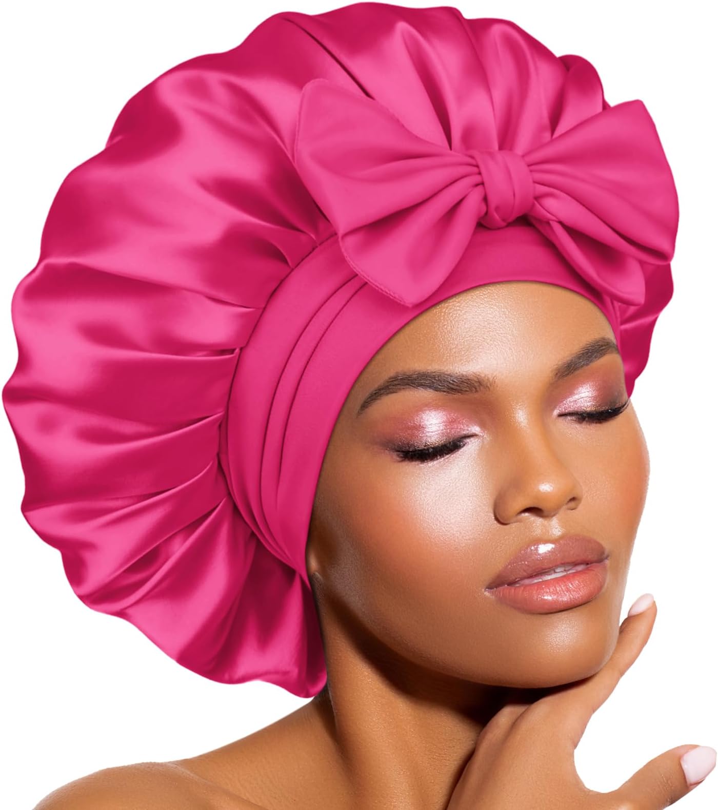 Satin Bonnet Silk Bonnet for Sleeping Hair Bonnet Tie Bonnet for Women with Stretch Band Natural Hair Hot Pink