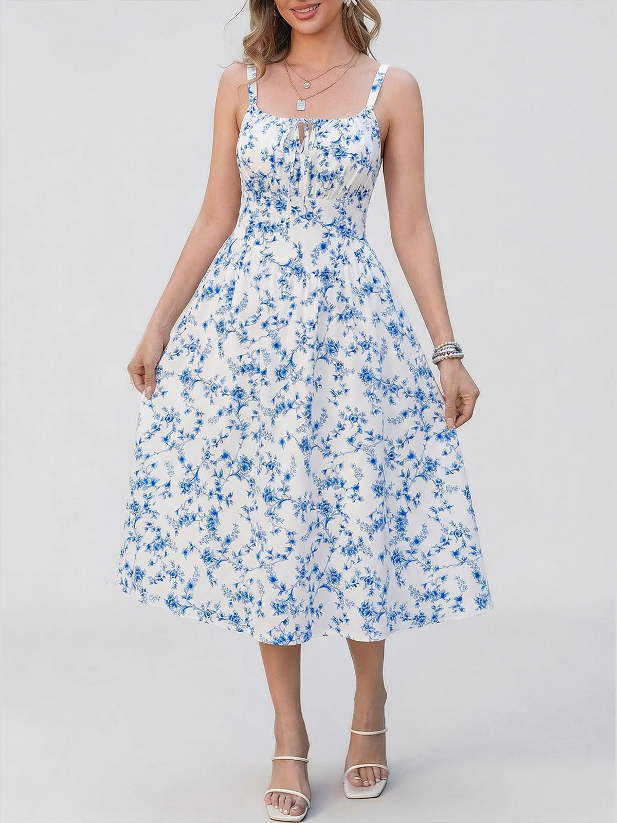 Cicy Bell Damen Sommerkleid Blumenmuster Maxikleid Ärmellos Strandkleid Elegant Taillert Kleider Spaghetti Trägerkleid