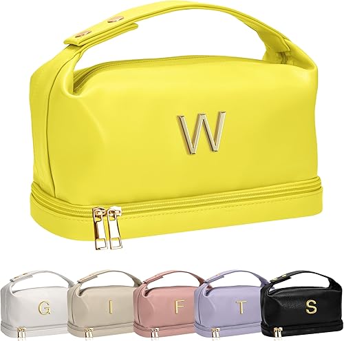 Vista 233 de Regalos Vogewood para mujeres, bolsa de maquillaje personalizada con asa, bolsa de cosméticos inicial de doble capa con organizador de brochas