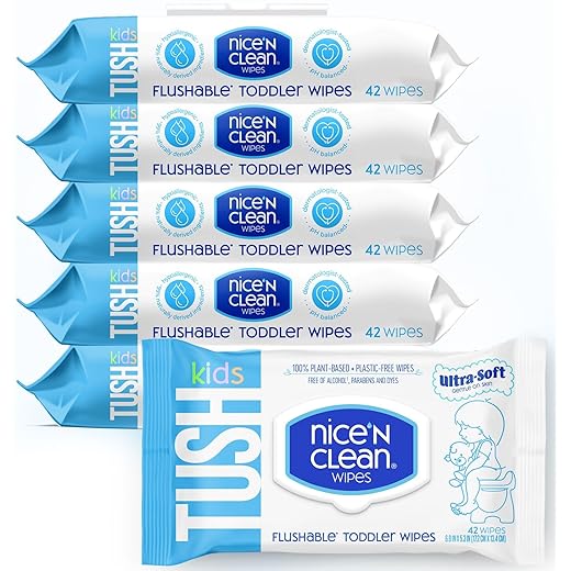 Nice 'N CLEAN Flushable Toddler Wipes 42ct (6-Pack) | 100% Plant-Based, Unscented Wet Wipes for Sensitive Skin | Potty Training Essentials | Flushable Baby Wipes for All Ages