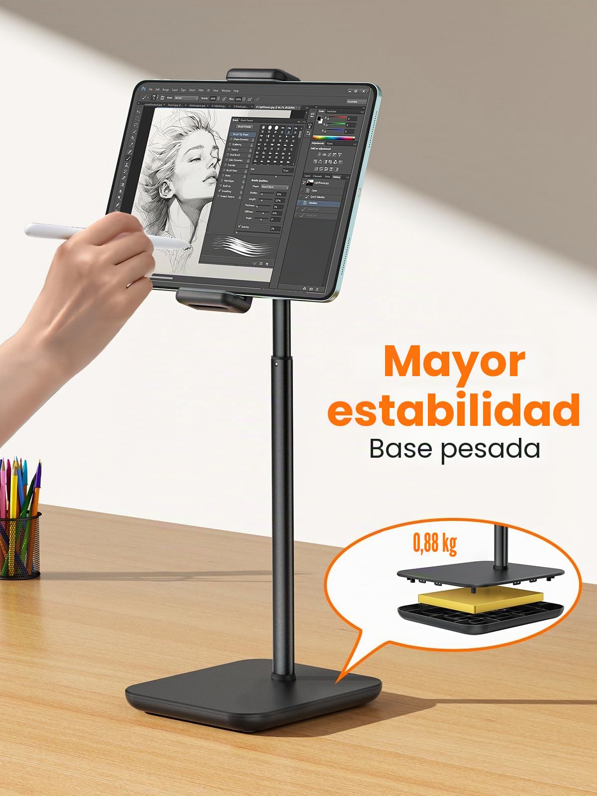 tounee Soporte para Tablet Ajustable, soporta 1,6 kg, Altura hasta 18'', Compatible con iPad Pro 12.9, Surface Pro y Dispositivos de 4,7 a 15,6 Pulgadas (iPad, iPhone, Kindle) -Negro