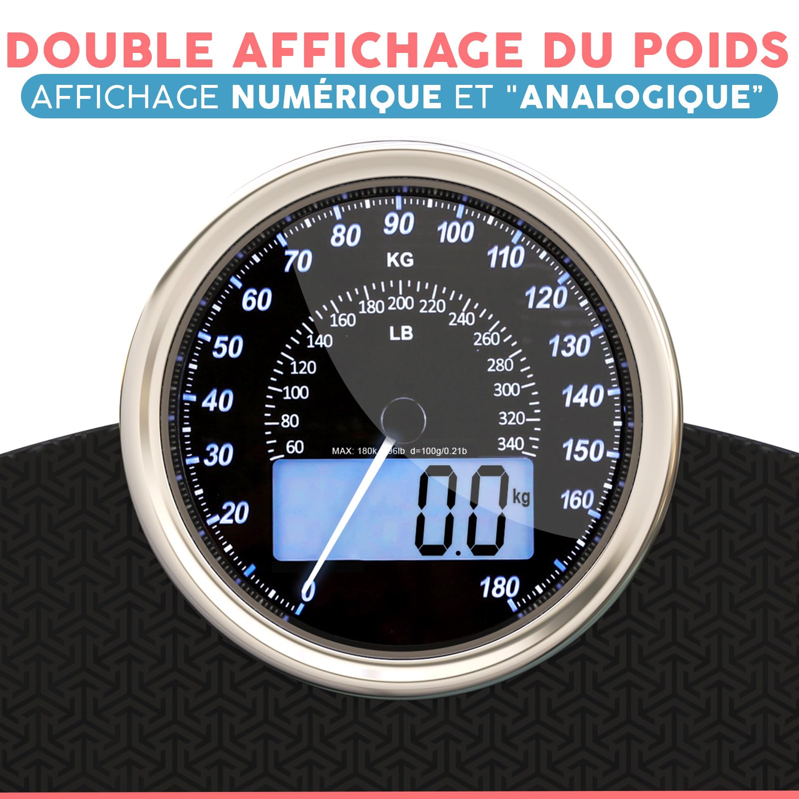 Hybrid Pèse-Personne - Analogique & Digital, Précis jusqu'à 180 kg | Lisez votre poids sur cadran analogique et LCD en même temps. Large plateau, 3 piles AAA incluses, prêt à l'emploi.