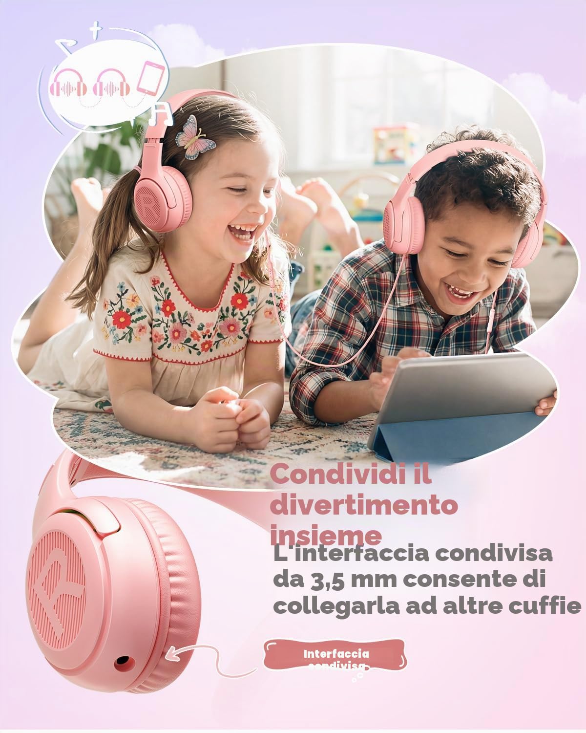 Cuffie per Bambini con Microfono, Limitazione Volume 85/94 dB, Jack 3,5 mm, Design Pieghevole, On-ear (Rosa)