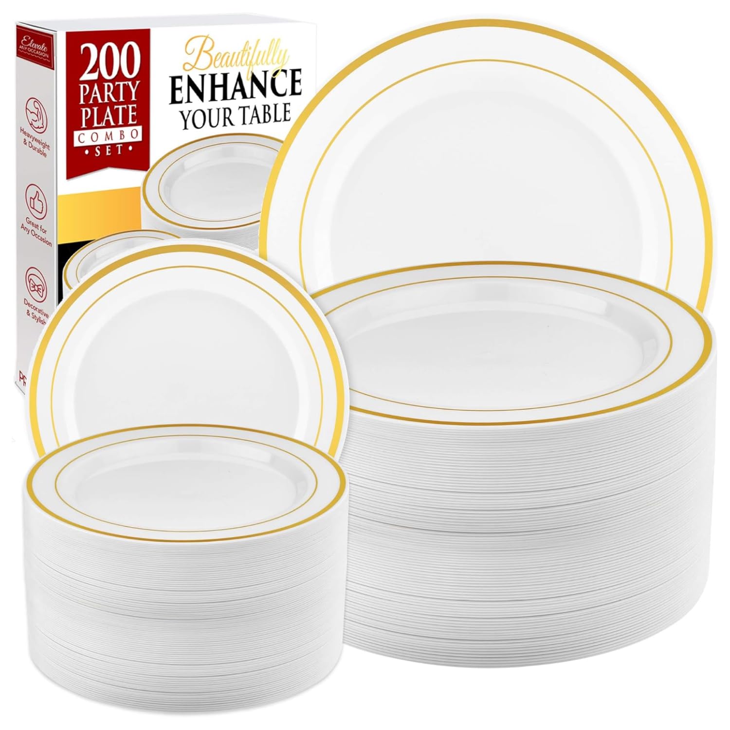 Prestee 200pc Gold Disposable Plates Set – 100 Dinner and 100 Salad Plates, White with Gold Rim – Heavy-Duty Plastic Plates for Party, Wedding, Holiday, Appetizer and Dessert