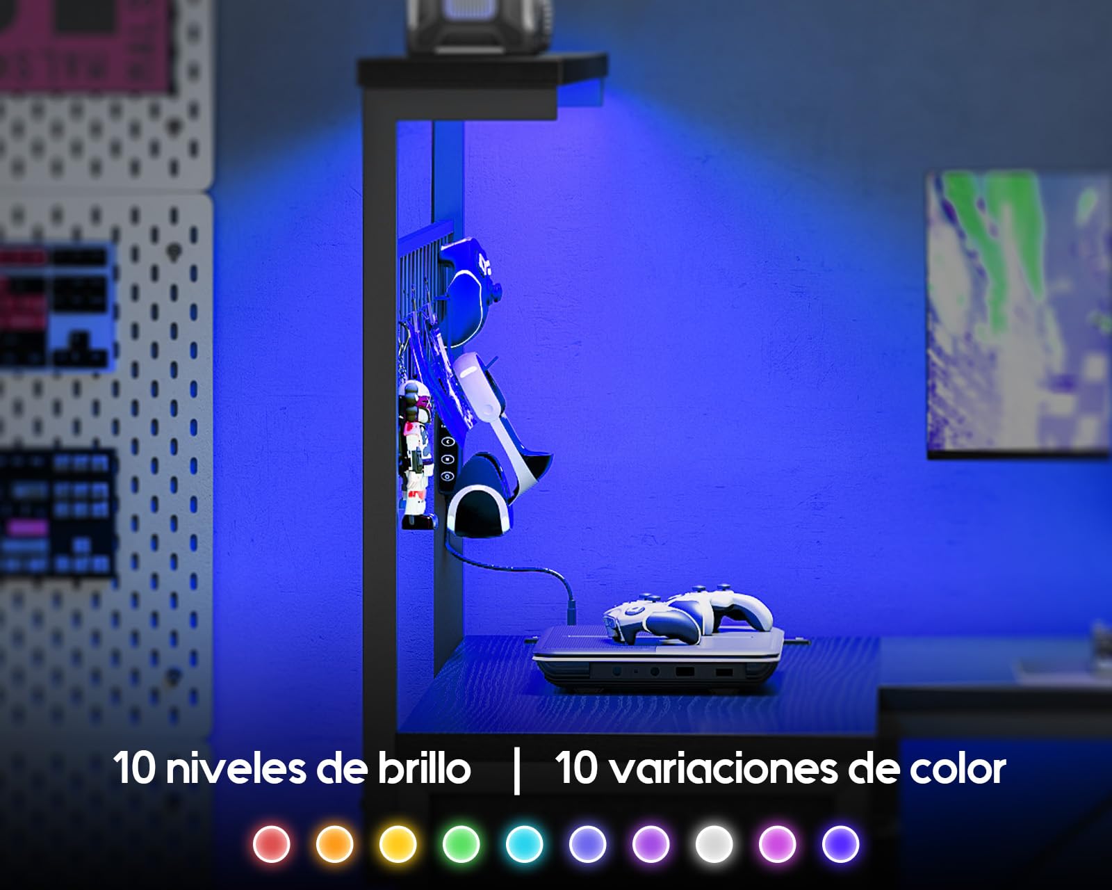 Coleshome Escritorio Gaming en L con 4 Cajones, 130x100cm Escritorio Gamer con LED y Enchufes, Escritorio Esquinero Mesa Gaming con Estanteria para Juegos Oficina en Casa, Negra