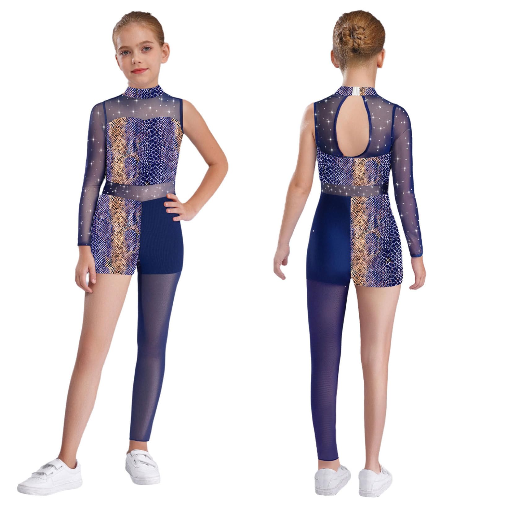 Leotardo de Baile Gimnasia Rítmica Niña Traje de Manga Completa un Hombro Maillot Patinaje