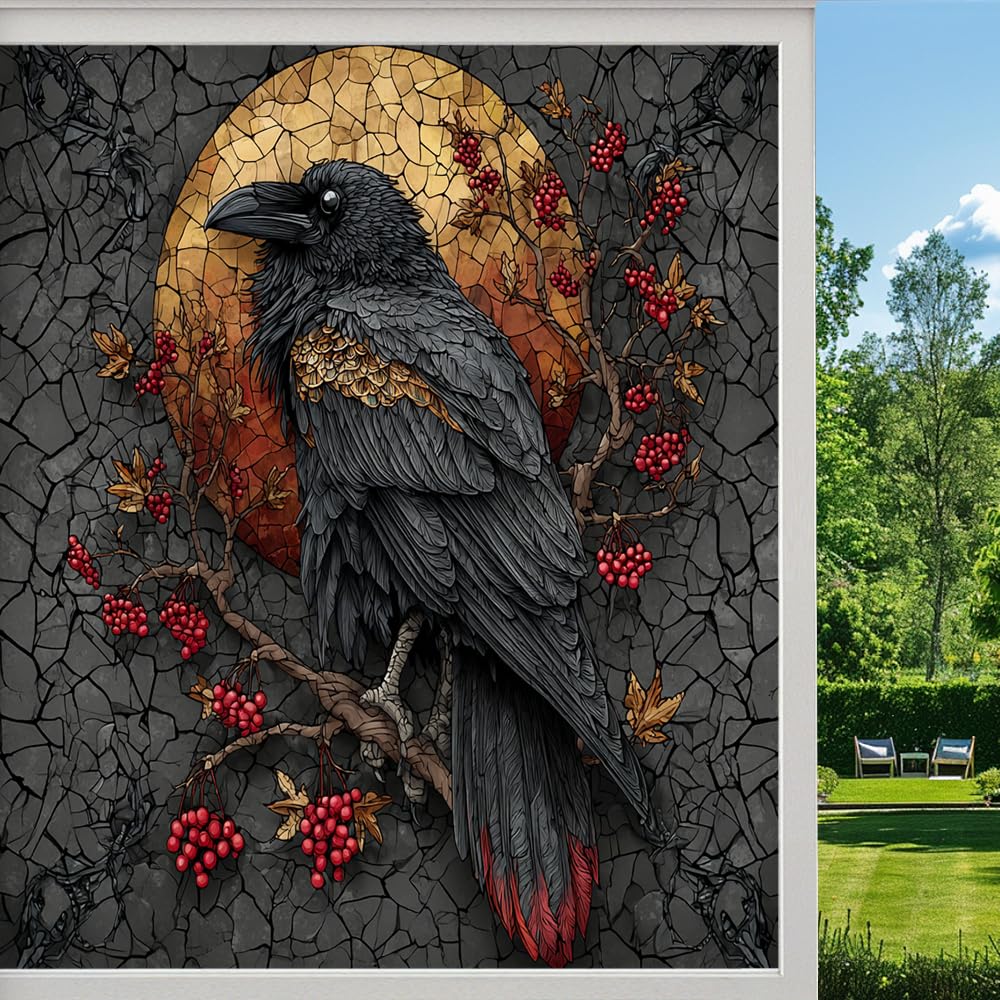 Abstract Raven Frosted Window Film, Gothic Dark Fantasy Crow Stained Glass Privacy Film, Heat Insulation Self-Adhesive Vinyl for Bathroom Office, （50x100cm）