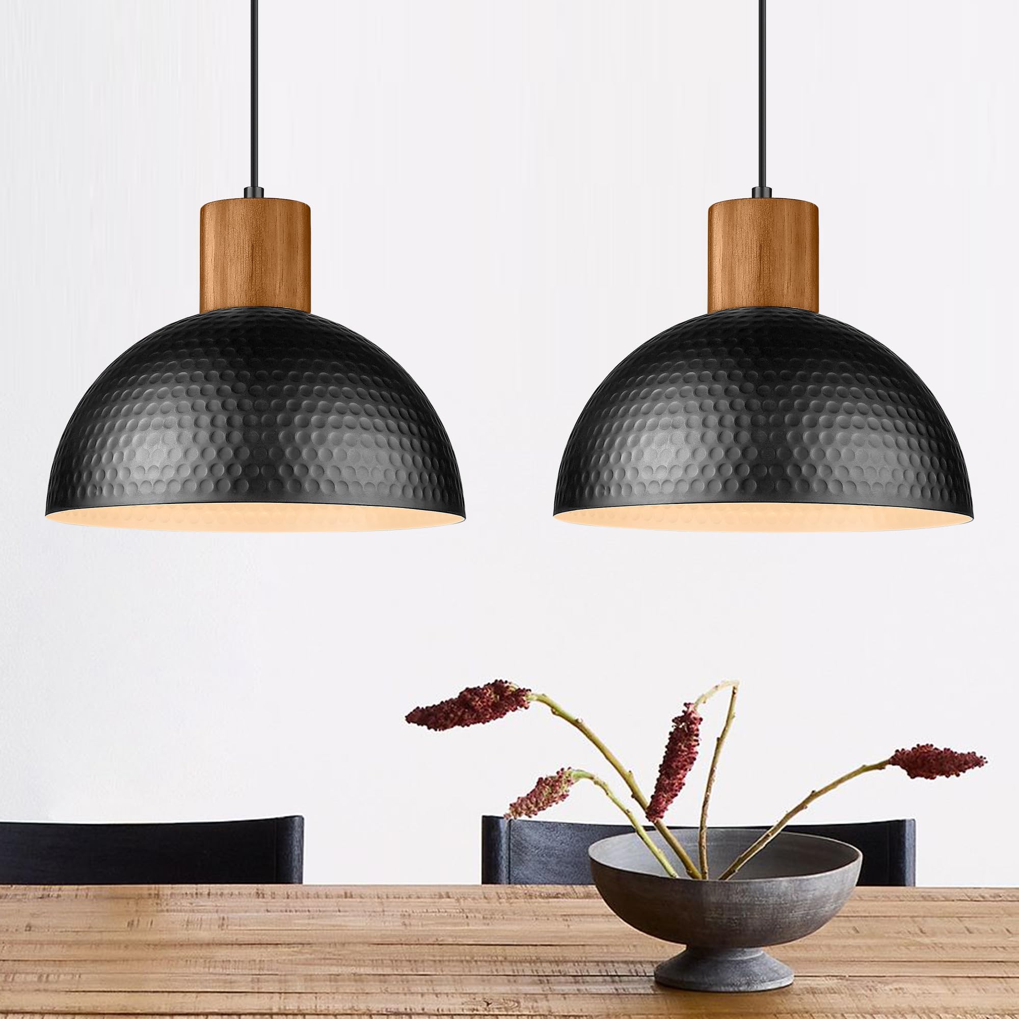 2 Pack Hammered Pendant Lights, 12" Industrial Metal Dome Hanging Lamp, Solid Wood Pendant Light Fixtures for Kitchen Island, Bar, Farmhouse, Dining Room, Bedroom, Hallway, Black