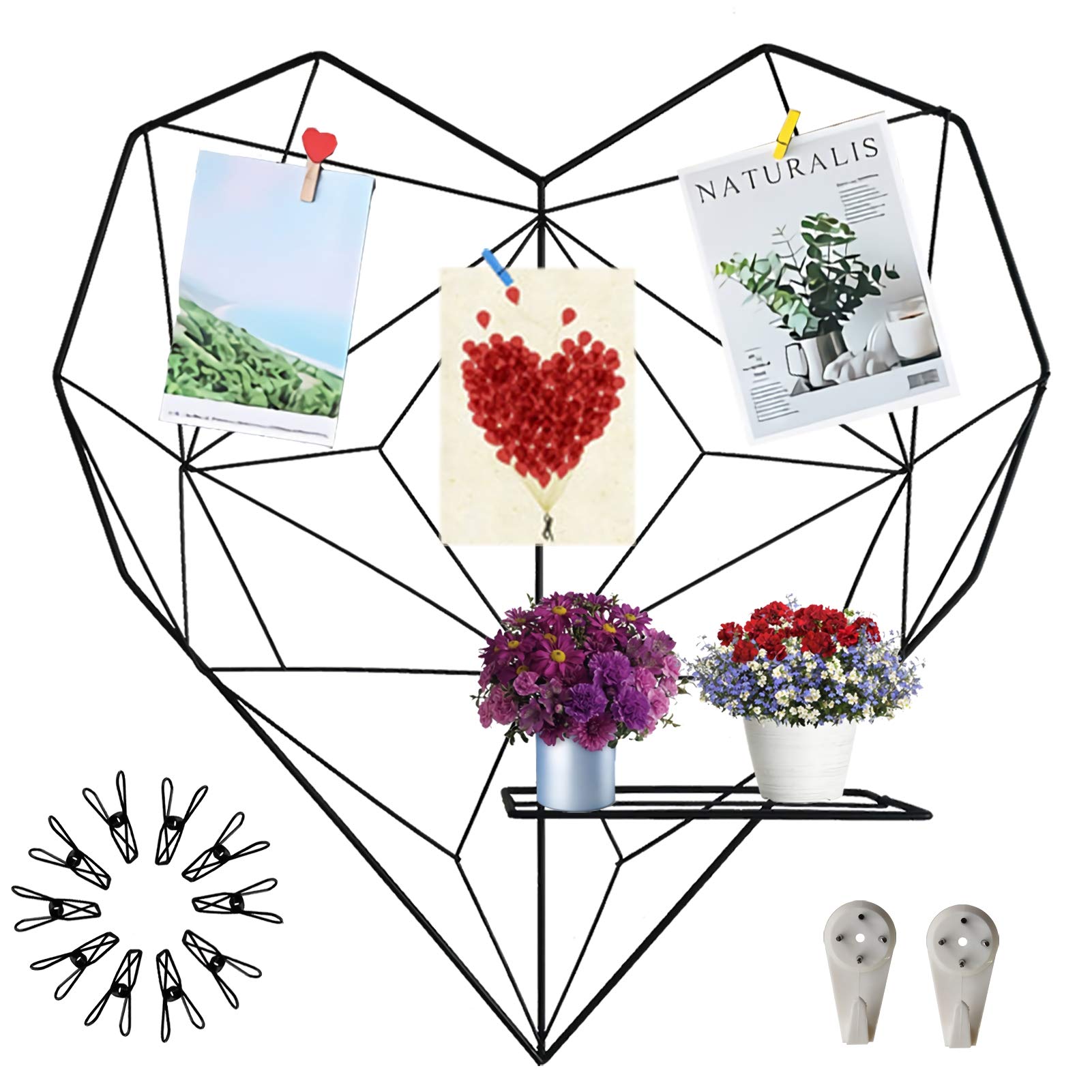 Griglia a forma di cuore in metallo, 50 x 50 cm, con ripiano pieghevole, decorazione da parete, per foto, cartoline, appunti, ecc., colore: nero