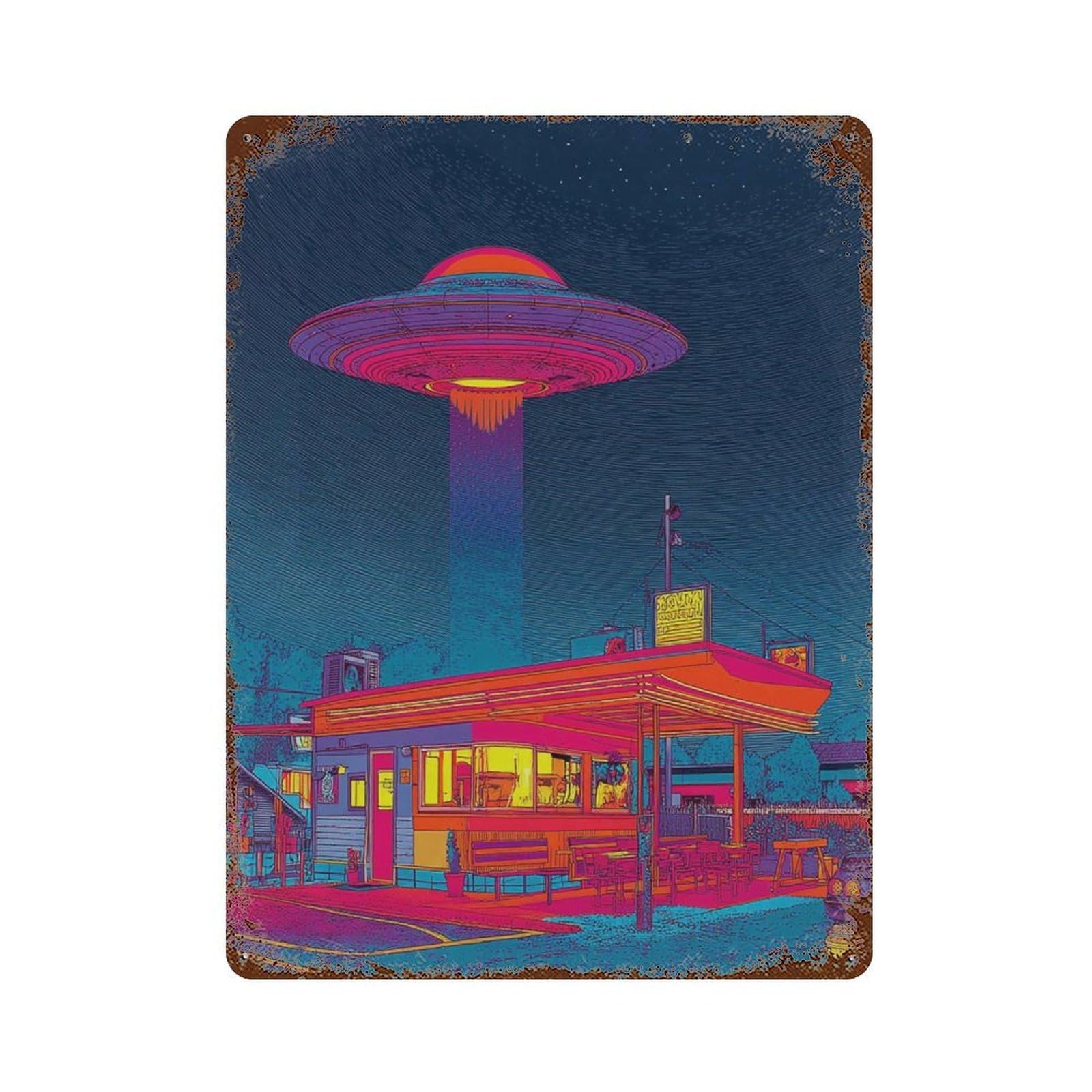 xiaoxiaoshen Retro UFO Diner – Vibrant Neon Alien Abduction S Sci Wall Decor Art Metal Tin Poster Modern Home Decor Art Home Bar Shop Decorations Vintage Sign 40x30cm