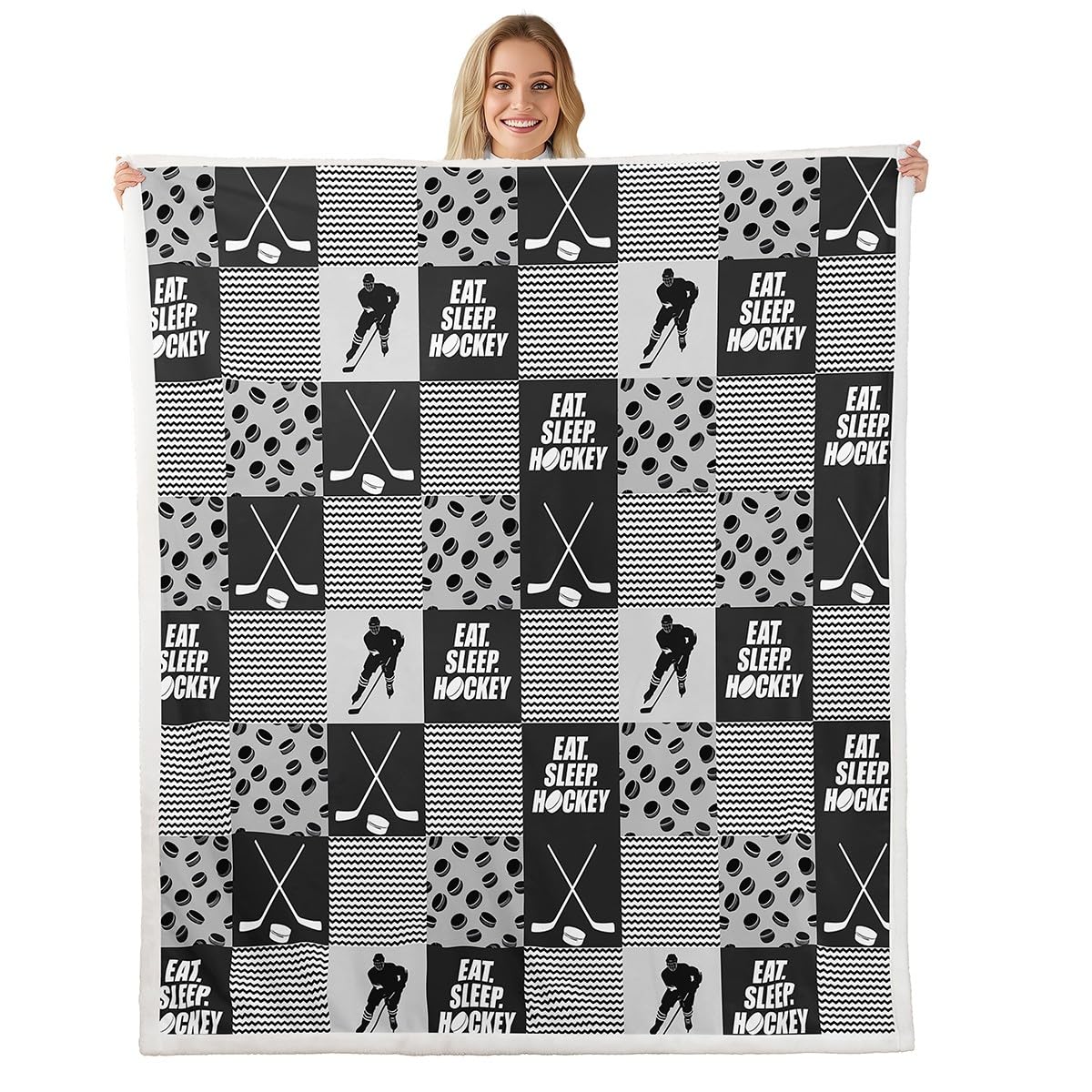 Ice Hockey Plush Bed Blanket For Boys Twin 60"X80" Black White Grey Winter Sports Sherpa Blanket Kids Teen Room Decor,Hockey Pucks Player Throw