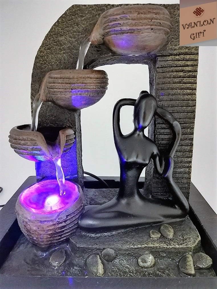 VANLON Water Fountain Yoga Indoor Water Feature, Player with 3 Water Cups, 7 Colors Automatic Changing LED Light, 8.2"x6.6"x9.8", 3 Pin UK Plug (black-2)