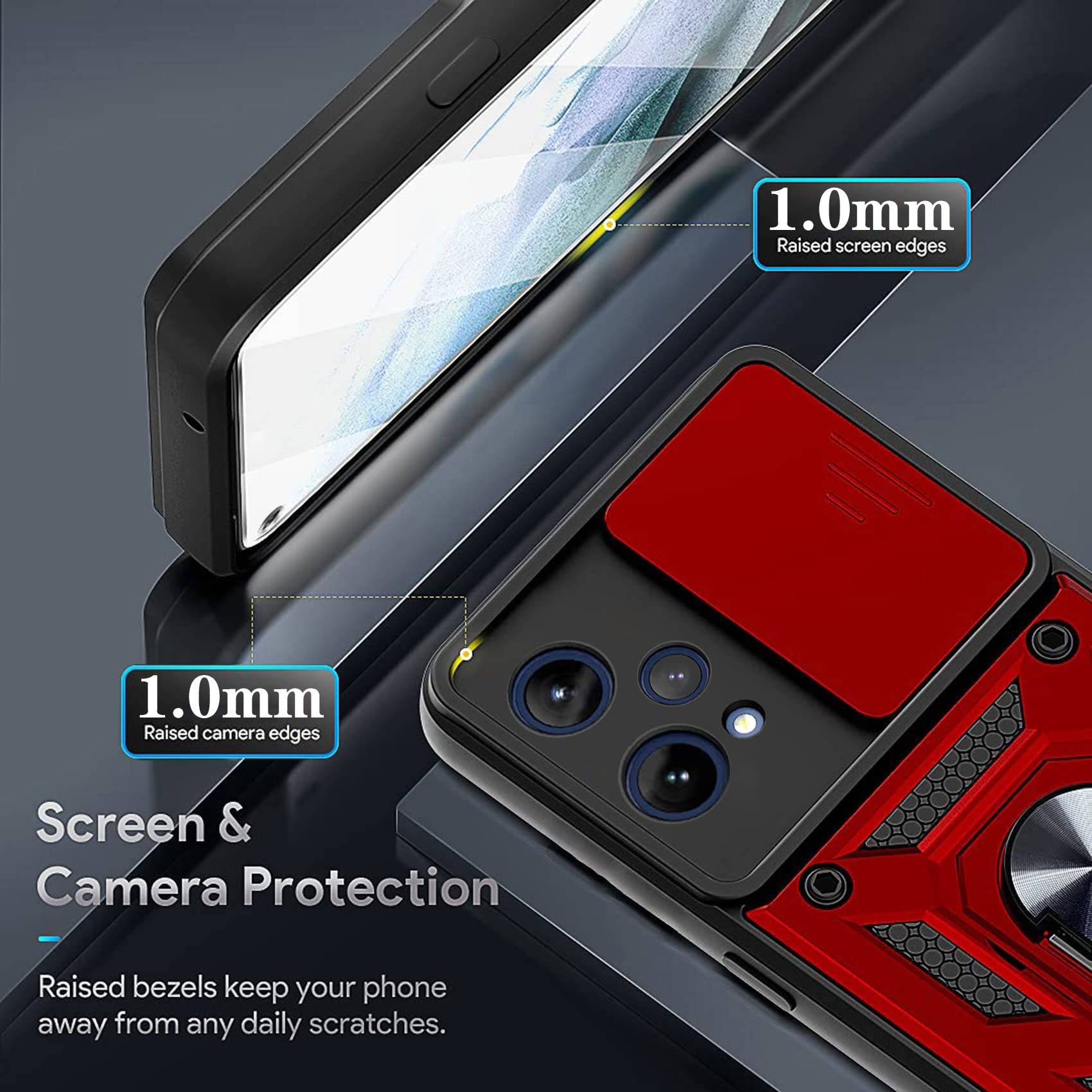 Hi-Case Custodia Per Realme 9 Pro+ / Realme 9 4G Con Copri-Fotocamera Scorrevole E Anello Supporto - Rossa