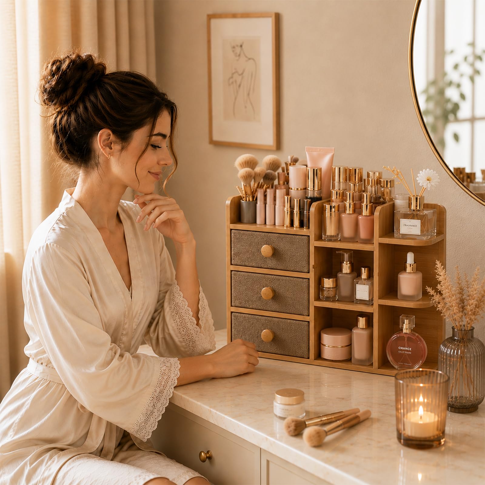 Natural Bamboo 3-Tier Makeup Organizer with Drawers